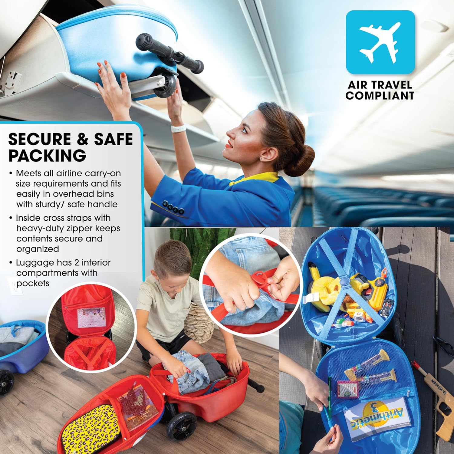 KIDDIETOTES Hardshell Kids Suitcase Scooter - Airline Approved Suitcase with Scooter - Foldable with LED Light-Up Wheels