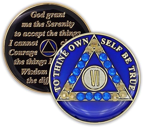 Vista 42 de Moneda de sobriedad de 5 años Ficha de aniversario de recuperación de medallón de chip AA cristalizado azul con oración de serenidad