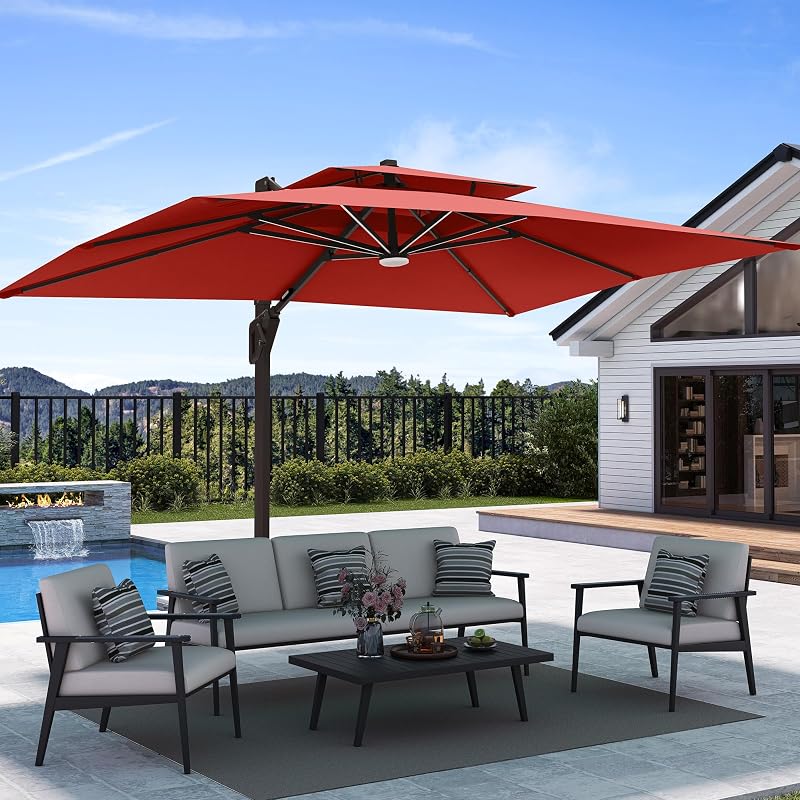 9' X 12' Patio Umbrella with LED Lights Outdoor Cantilever Large Rectangle Offset Umbrellas Heavy Duty Aluminum Double Top with 360-degree Rotation for Pool Garden Deck, Red