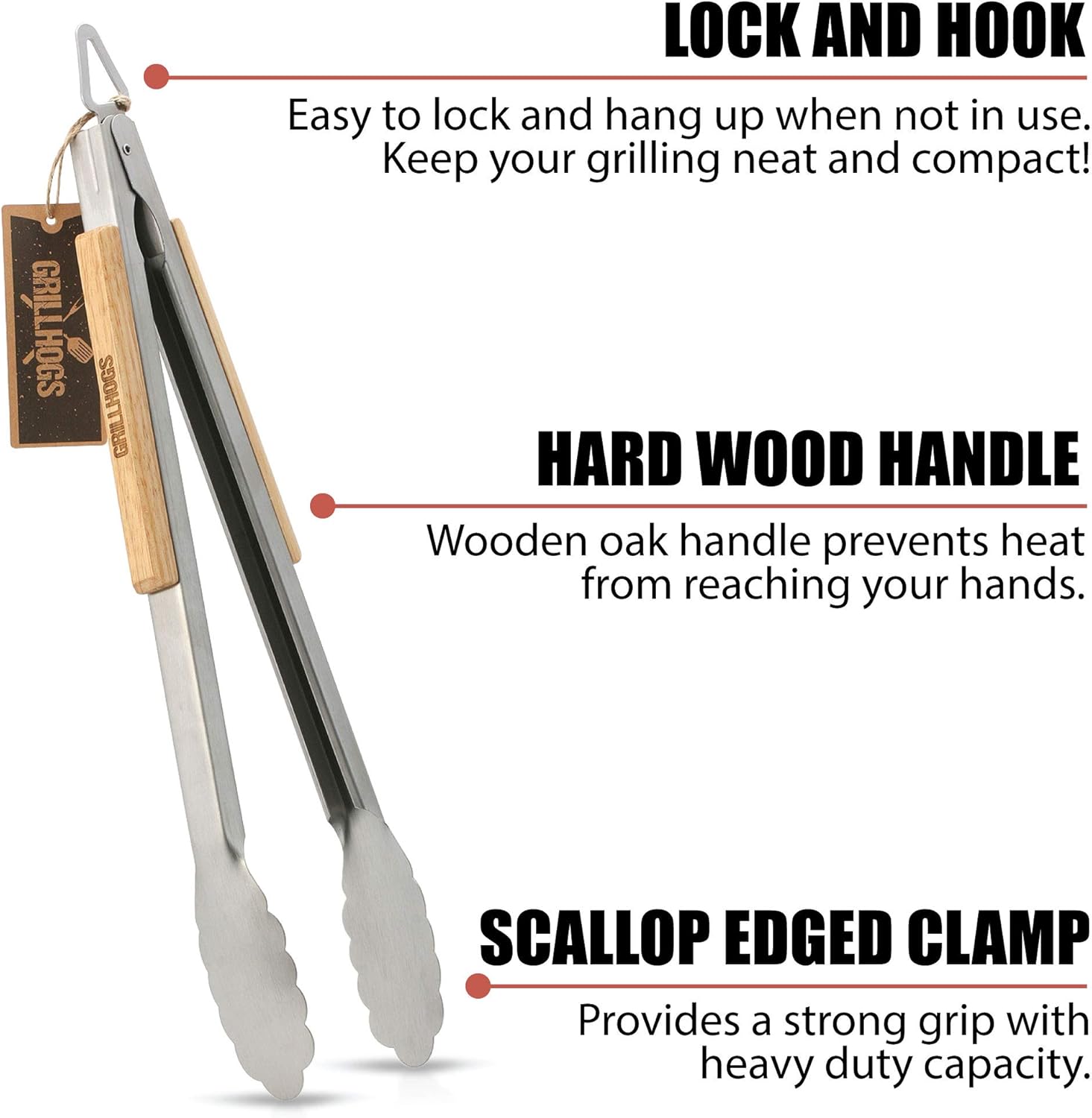 Dropkick Your Old Tongs, GRILLHOGS 16-Inch 2 Pack Barbecue Tongs Are the Only Equipment That Can Handle Your Massive Meat, Stainless Steel + Oak Wood BBQ Tongs, Premium Grill Tongs : Everything Else