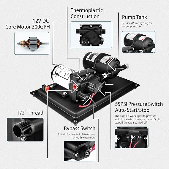 WASSERMANN 12V RV Water Pump and Accumulator Tank System, 3.0GPM 55PSI Self Priming Water Diaphragm Pump with 0.75L 10 PSI Pre-Pressurized Accumulator Tank, Pressure Switch, for Boat Garden RV Camping