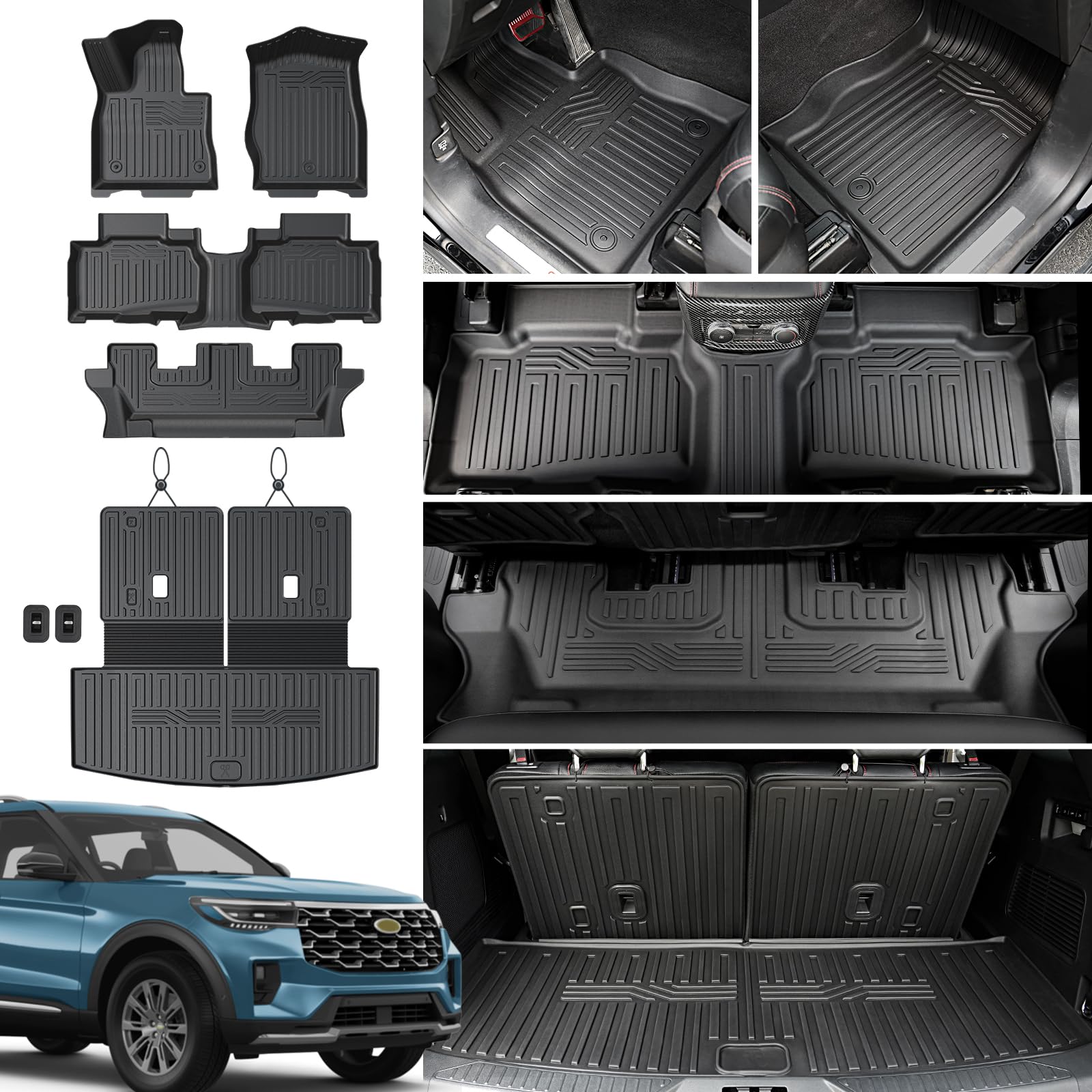 Floor Mats for 2020-2025 2026 Ford Explorer 7 Seats Bench Seat Car Mat Accessories, All Weather TPE Cargo Mat Backrest Mat Active/Platinum(7 Seats Floor Mats+2-in-1 Cargo Mat)