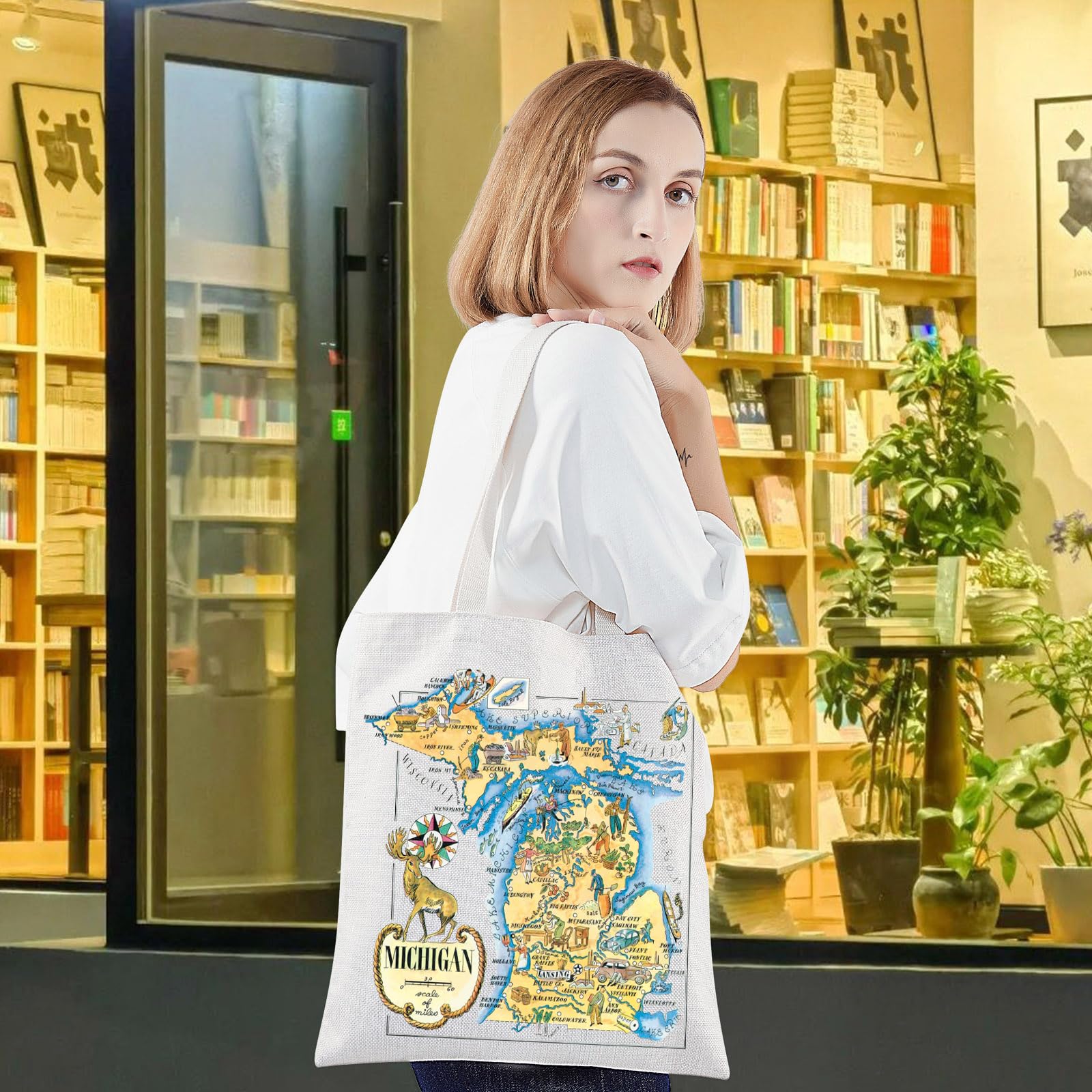 LEVLO Fun State Map Tote Bag - Michigan Travel Souvenir Gift - 1940's Michigan Cartoon Illustration Shoulder Bag