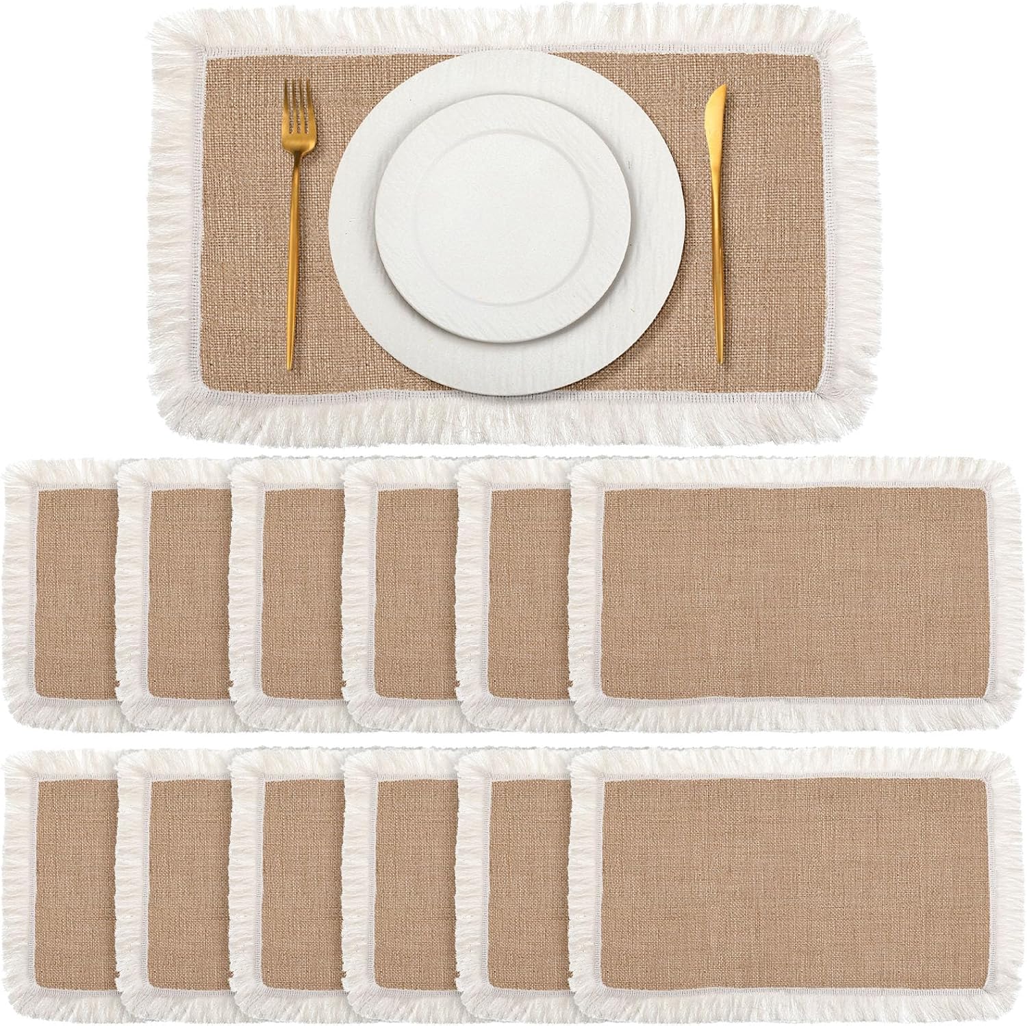 12 Jute Placemats for Dining Tables Burlap Braided Farmhouse Woven Mats Square Vintage Placemat with Tassels for Rustic Decor Holiday Party Centerpiece
