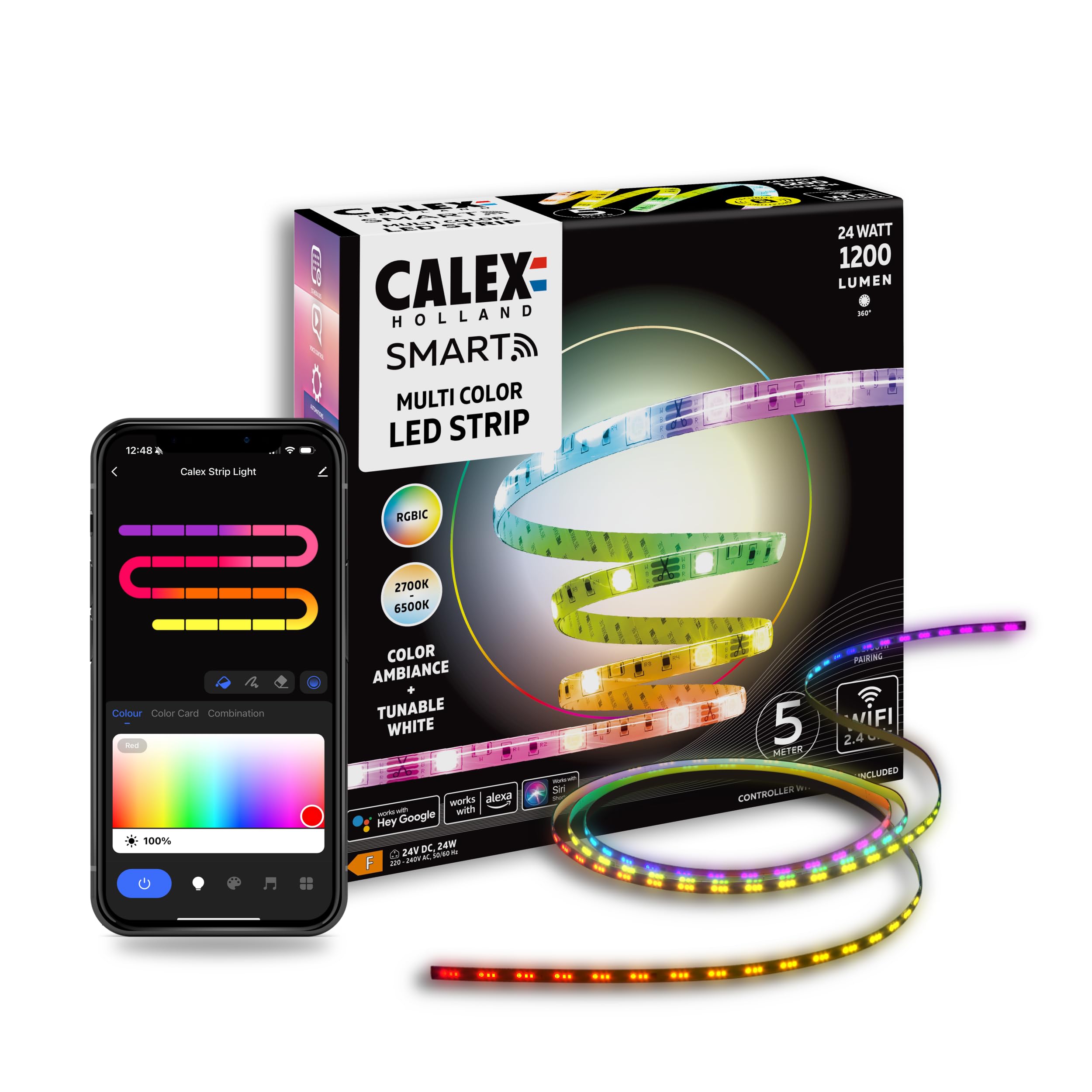 CALEX Smart LED Streifen, 10 m, RGBIC-Farben, flexibel & zuschneidbar, dimmbar, WLAN App- & Sprachsteuerung, inkl. Fernbedienung
