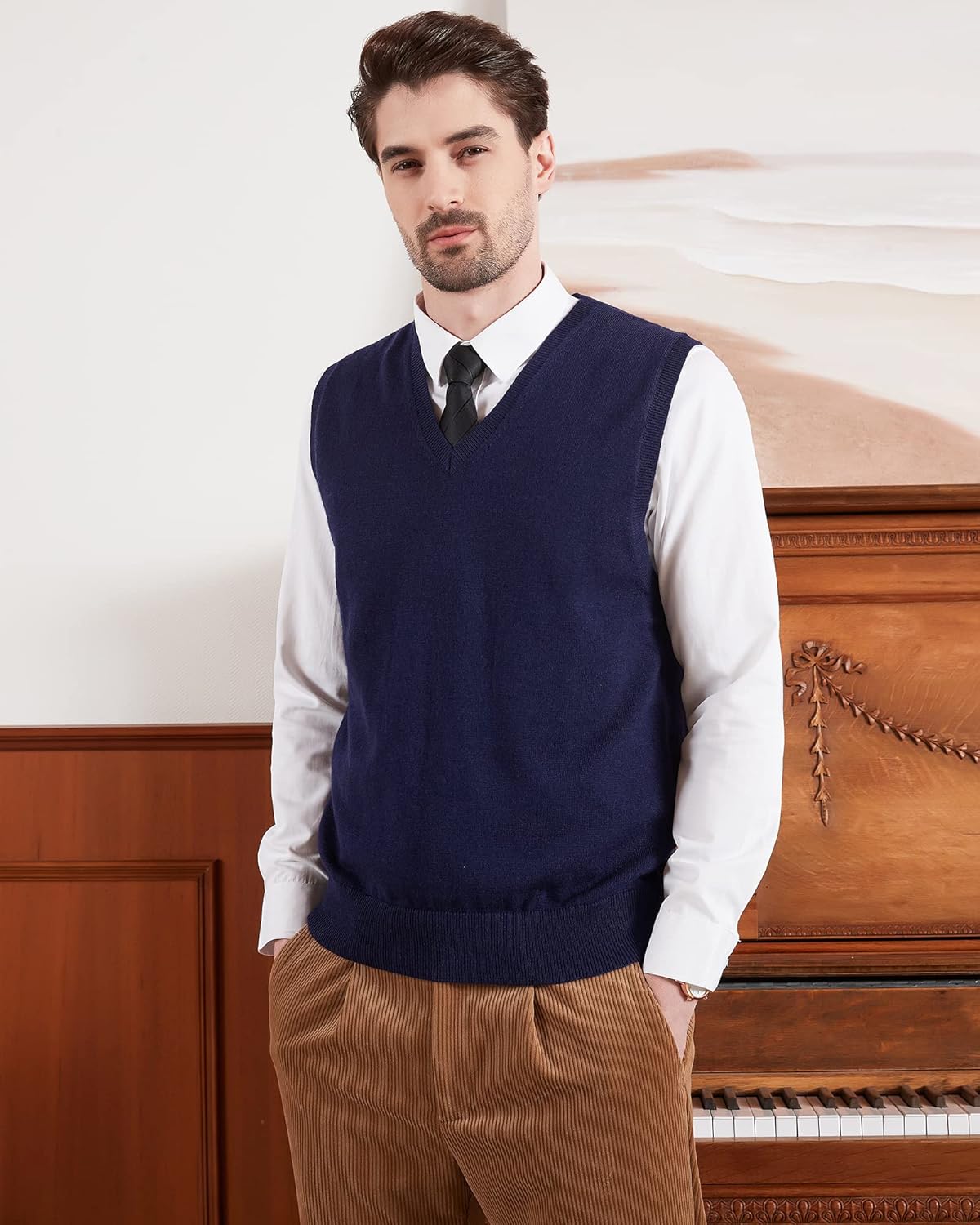 Kallspin Men's Wool Blended Vest Sweater Relaxed Fit V Neck Sleeveless Knitted Pullover - Image 2