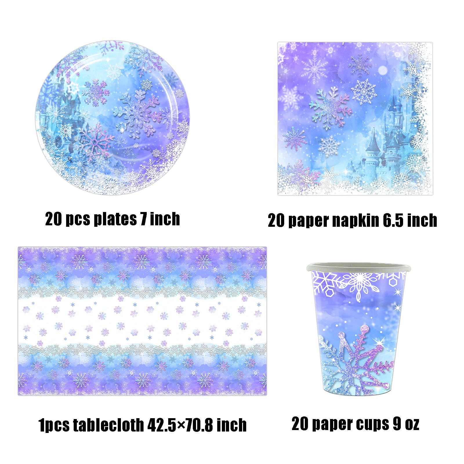 Frozen Stoviglie per feste, 61 pezzi Fiocchi di neve Stoviglie per compleanni per bambini, Tema neve e ghiaccio Set di piatti di carta per feste, Compresi bicchieri, tovaglioli e tovaglie