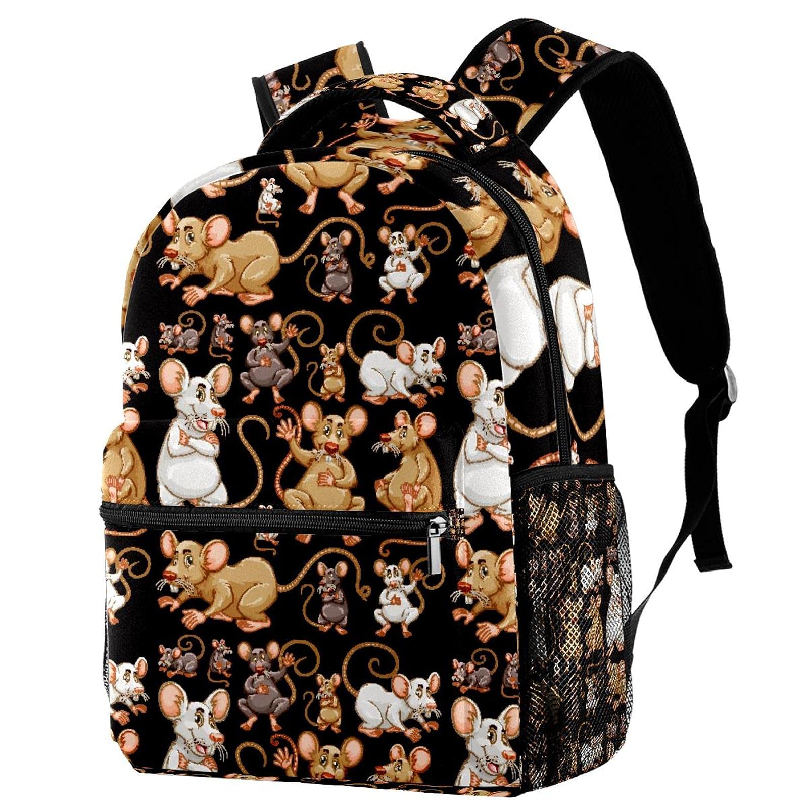 Leisure Campus Travel Backpacks, Cute Cartoon Mice Rats On Black Background Bags with Bottle Holder for Girls Boys