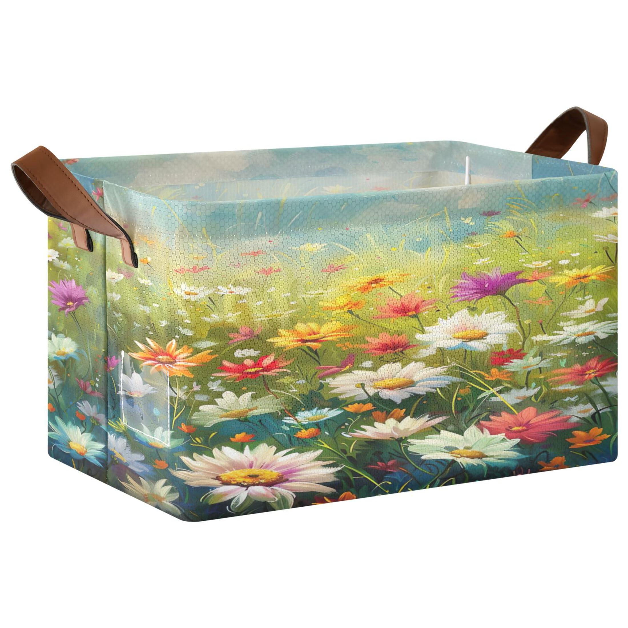 Kutsu Foldable Storage Basket Meadow Wildflowers Collapsible Storage Bin with Handles for Shelves, Rectangle Basket for Home Nursery Decor, 16.9x11.4x10 in