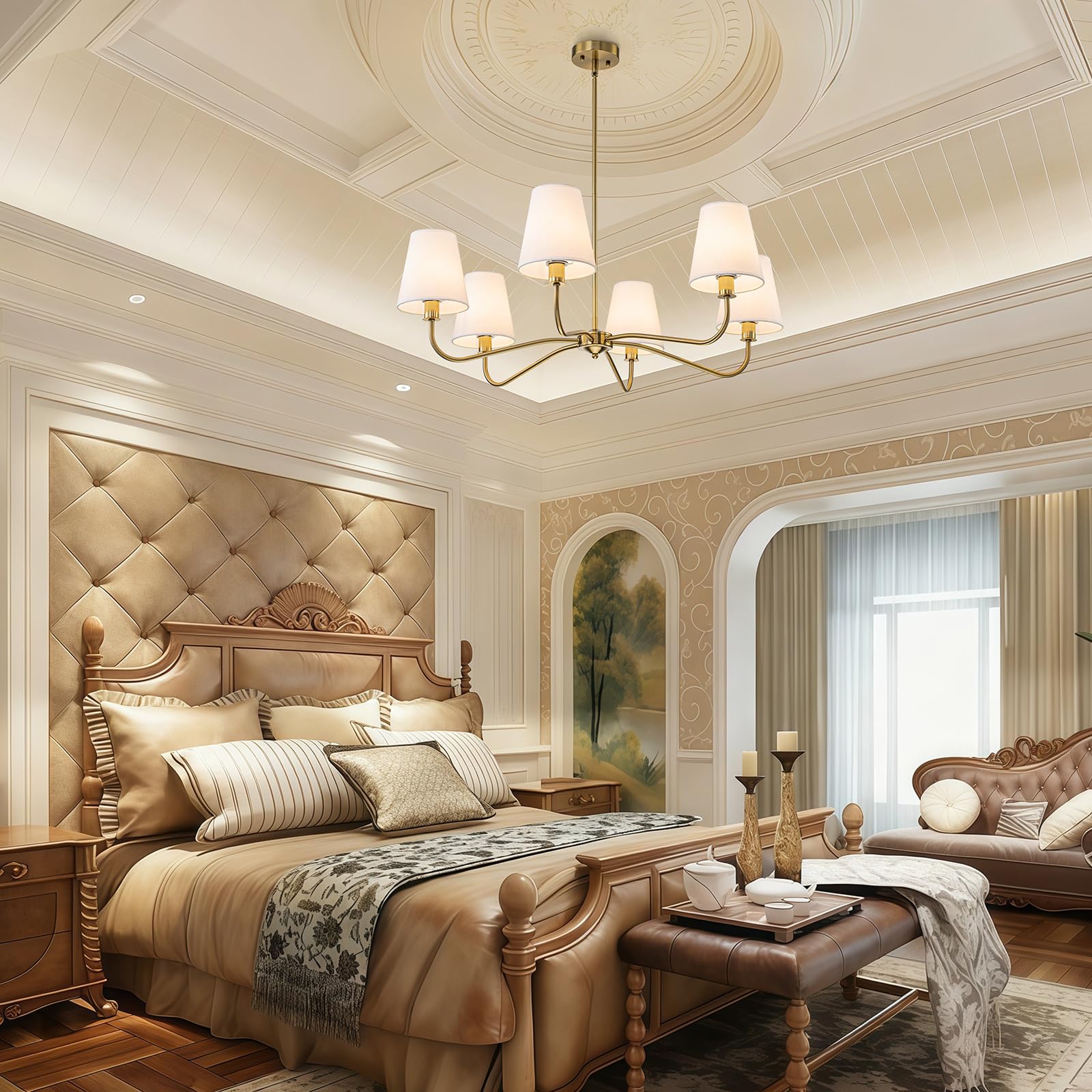 LOZOHOM Brass Gold Chandeliers for Dining Room 6 Light Chandelier with Fabric Sh — product photo
