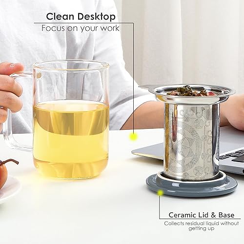 Miniatura 6 de Aquach Taza de té de vidrio con infusor y tapa, cafetera de una sola porción de 18 onzas, taza de infusión de vidrio para té suelto