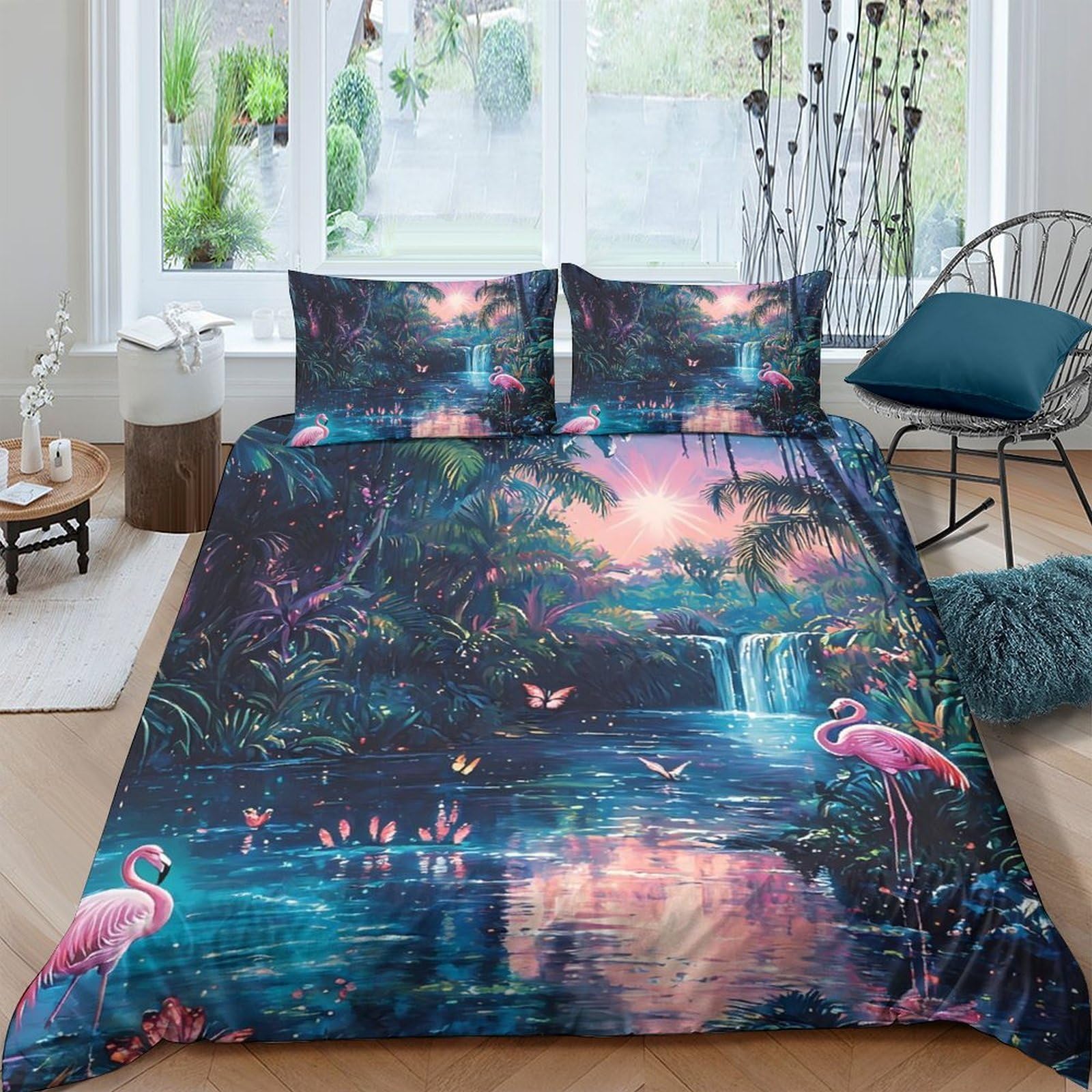 Ctjqhvkz Style-7 3D Printed Tropical Waterfall Fitted Sheet Microfiber Flamingo Lake Bed Cover For Bedroom Guest Room Decor Single（135X200cm）