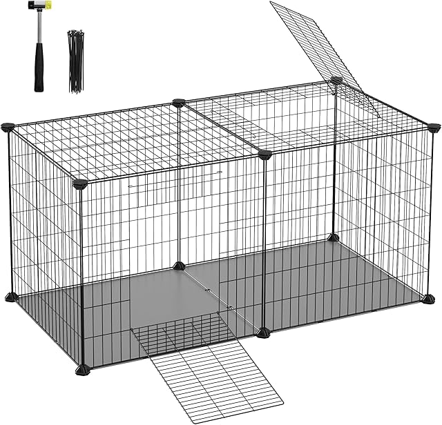 SONGMICS Klatka dla małych zwierząt, klatka dla chomików, XL, kojec z dachem i podłogą, drzwi z 2 haczykami, łatwa do czyszczenia, 102 x 51 x 51 cm, czarna LPI010B01