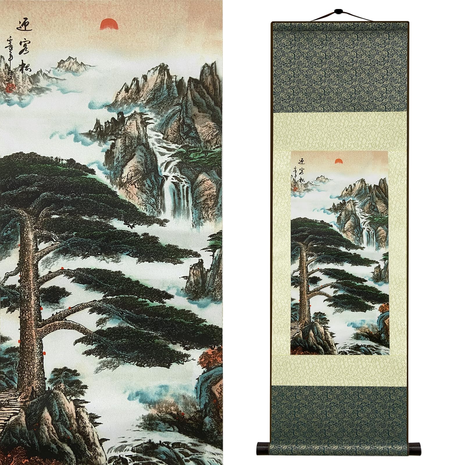 Newscz Bedroom Wall Art Silk Scroll Natural Scenery Wall Painting Guest-Greeting Pine Landscape Posters Wall Tapestry Asian Art House Decoration for Home Living Room Lounge Decor 36 by 12 in(HJ-J005)