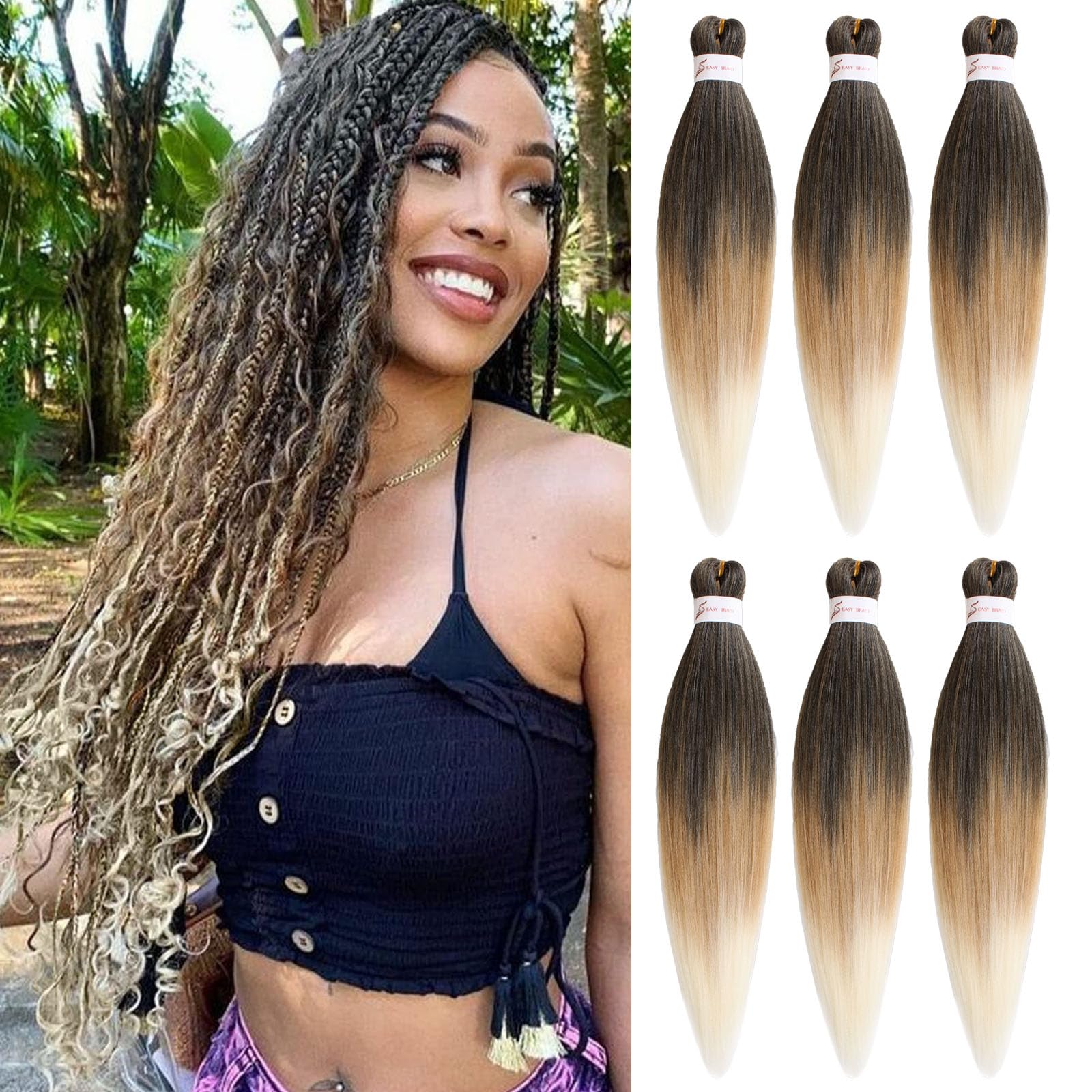 Samtress Pre Stretched Braiding Hair 6 Packs 24 Inch 3 Tone Easy Briad Ombre Blonde Yaki Texture Kanekalon Synthetic Braiding Hair Extensions Hot Water Setting Crochet Braids Twists (#1B/27/613)