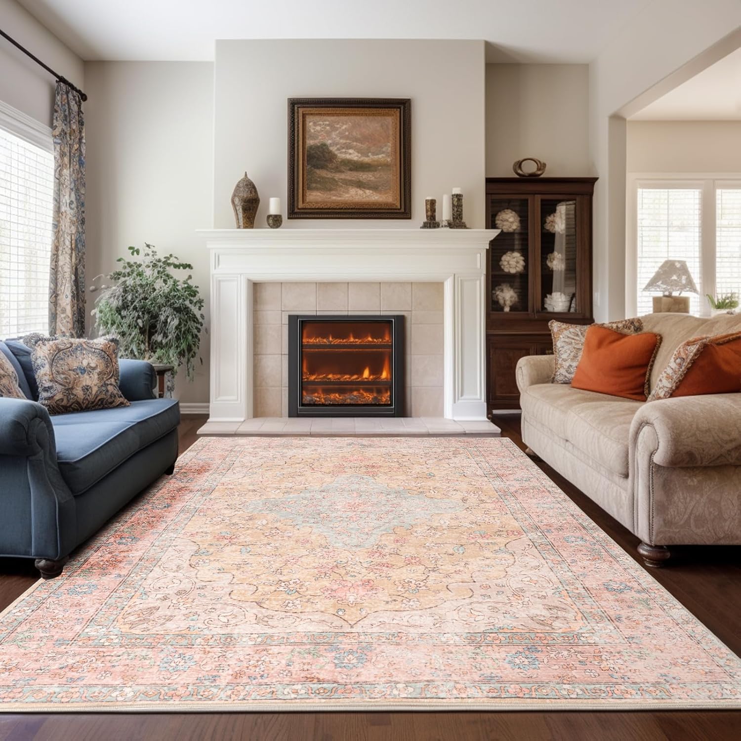 Area Rug - 9x12 Large Dining Room Rug Soft Living Room Mat, Vintage Washable Indoor Floor Throw Carpet for Bedroom, Playroom, Home Office (Cinnamon)