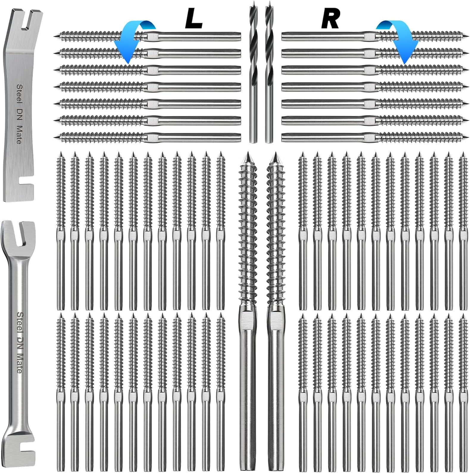 Steel DN Mate 100 Pack T316 Stainless Steel Right&Left Handed Thread Swage Lag Screws for Wood Post of 1/8" Steel Cable Railing Kit, Cable Railing Hardware, DIY Deck Railings, Wrench Include-DM50