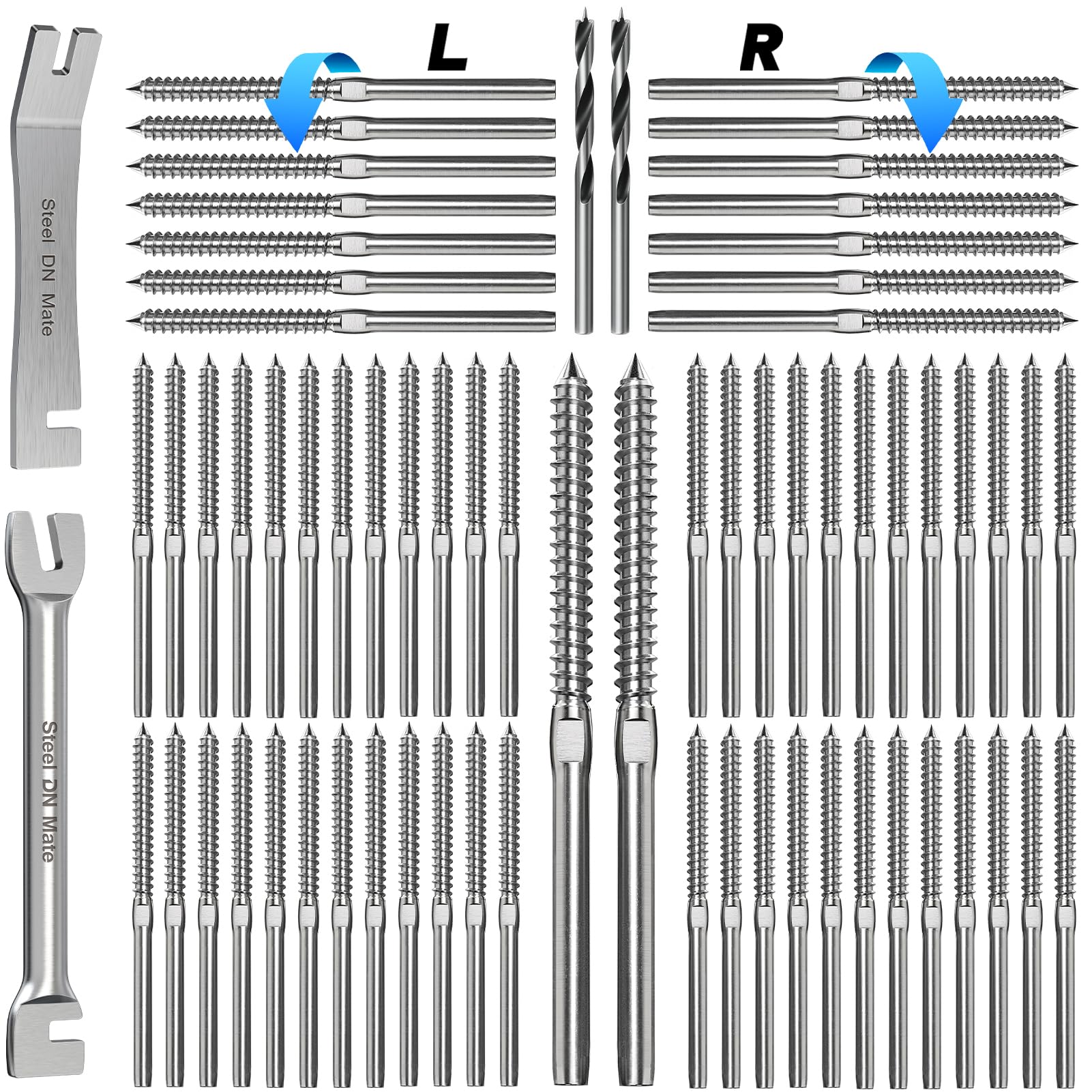 Steel DN Mate 100 Packs T316 Stainless Steel Right&Left Handed Thread Swage Lag Screws for Wood Post of 1/8" Steel Cable Railing Kit, Cable Railing Hardware, DIY Wood Baluster, Wrench Included