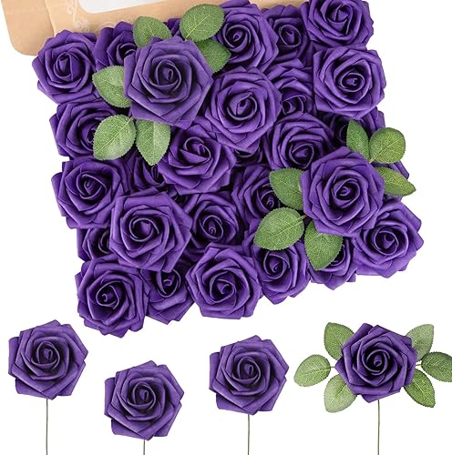 Miniatura 49 de MACTING Flores Artificiales Rosas 30PCS Tacto Real Flores Falsas con Tallo Rosa de Espuma Arcoíris para Bricolaje Ramos de Novia de Boda Centros