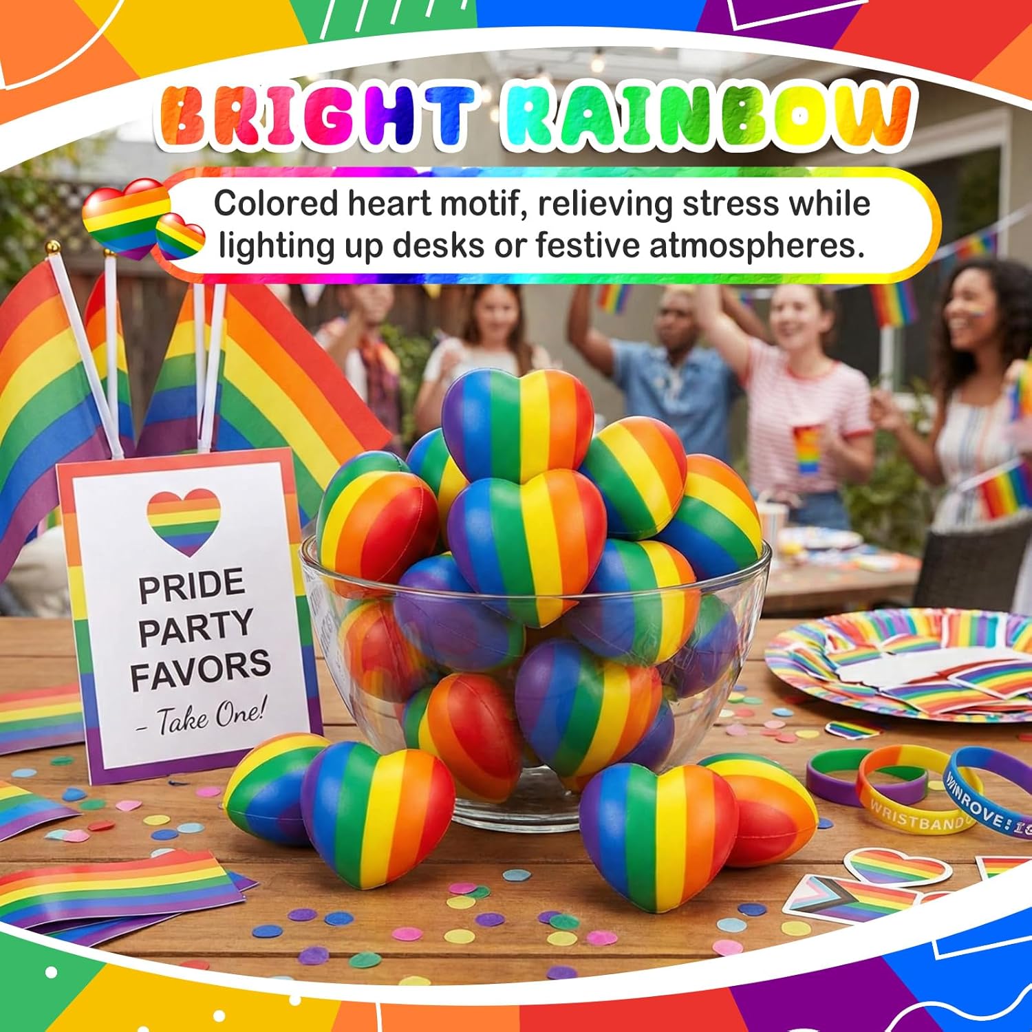 Libima 50 Pcs 1.57 Inch Rainbow Heart Stress Balls Bulk Colorful Pride Squeeze for Stress Relief Hand Exercise Vibrant LGBT Favors Desk Decor Gifts for Adult Improving Strength Release