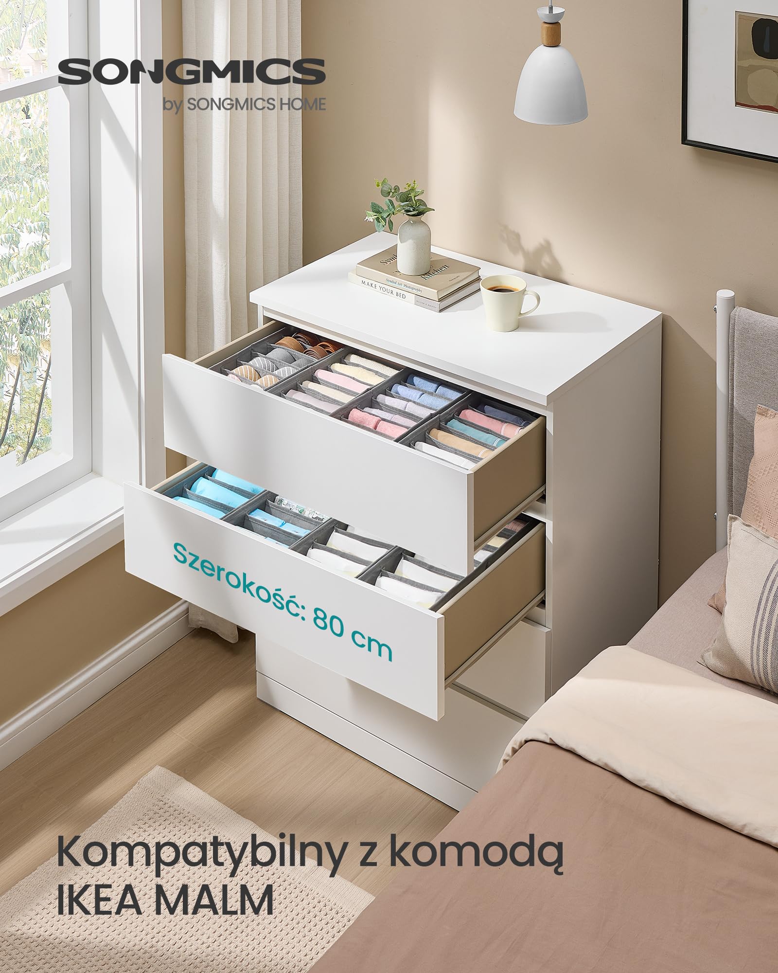 SONGMICS Zestaw 4 organizerów na bieliznę, organizer do szuflady do komód IKEA HEMNES i MALM, z przegródkami, składany organizer do szafy, 40 x 16 x 10 cm na skarpetki, gołębi szary RUS014G01