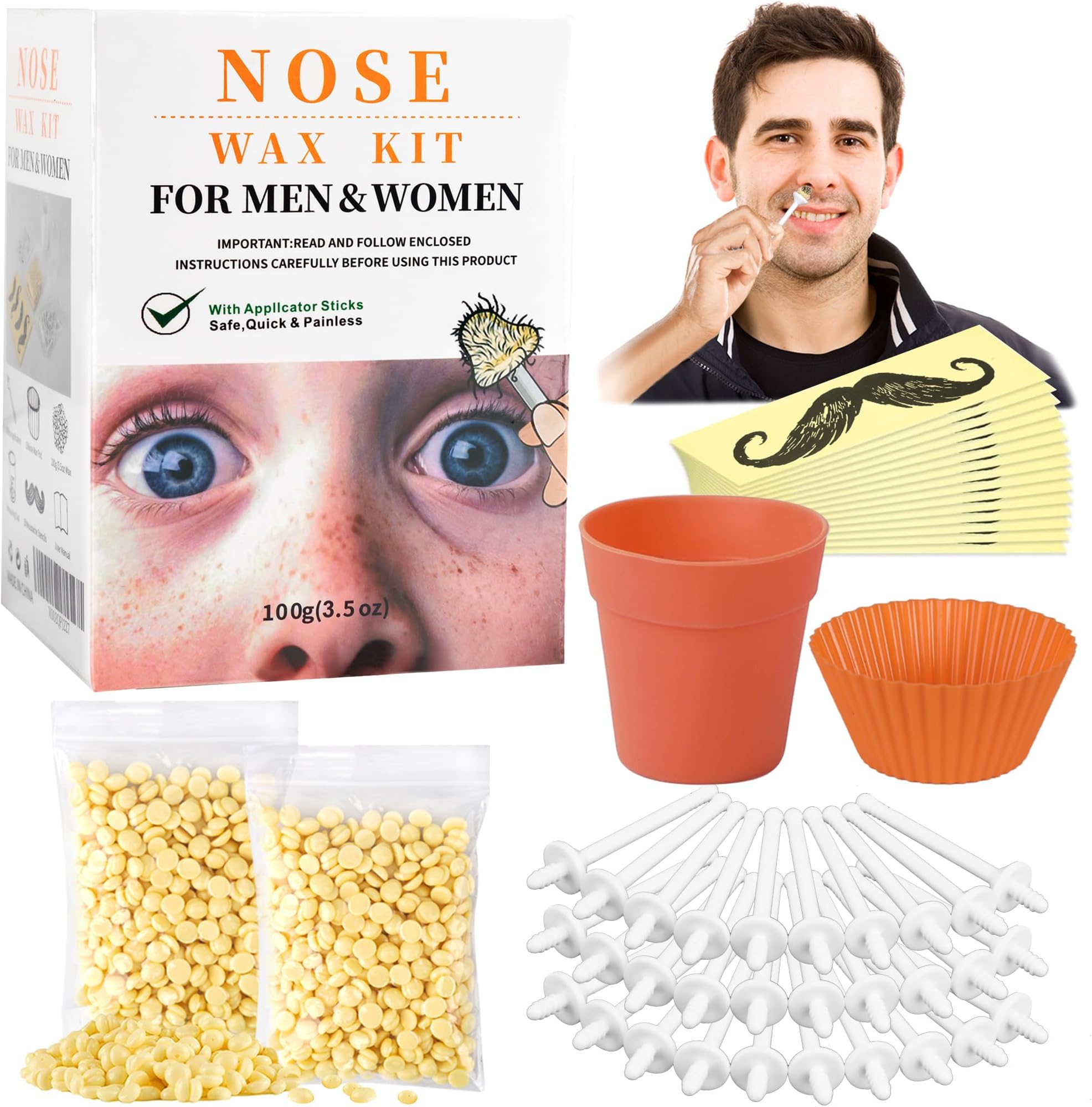 Nose Wax Kit for Men & Women, 100g Wax Beads, 30 Applicators (15-30 Uses)