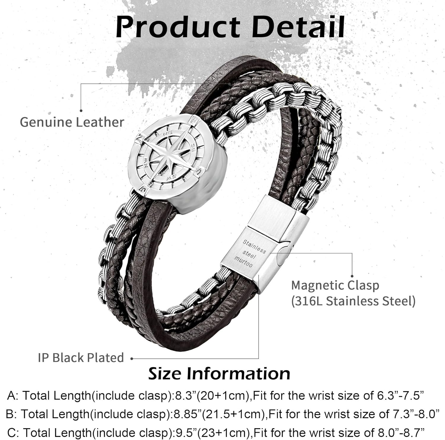 murtoo Mens Bracelet, Leather and Steel, Multi-layer Leather Bracelet for Men with Compass, Gift Idea for Boyfriend Husband Father - Image 2