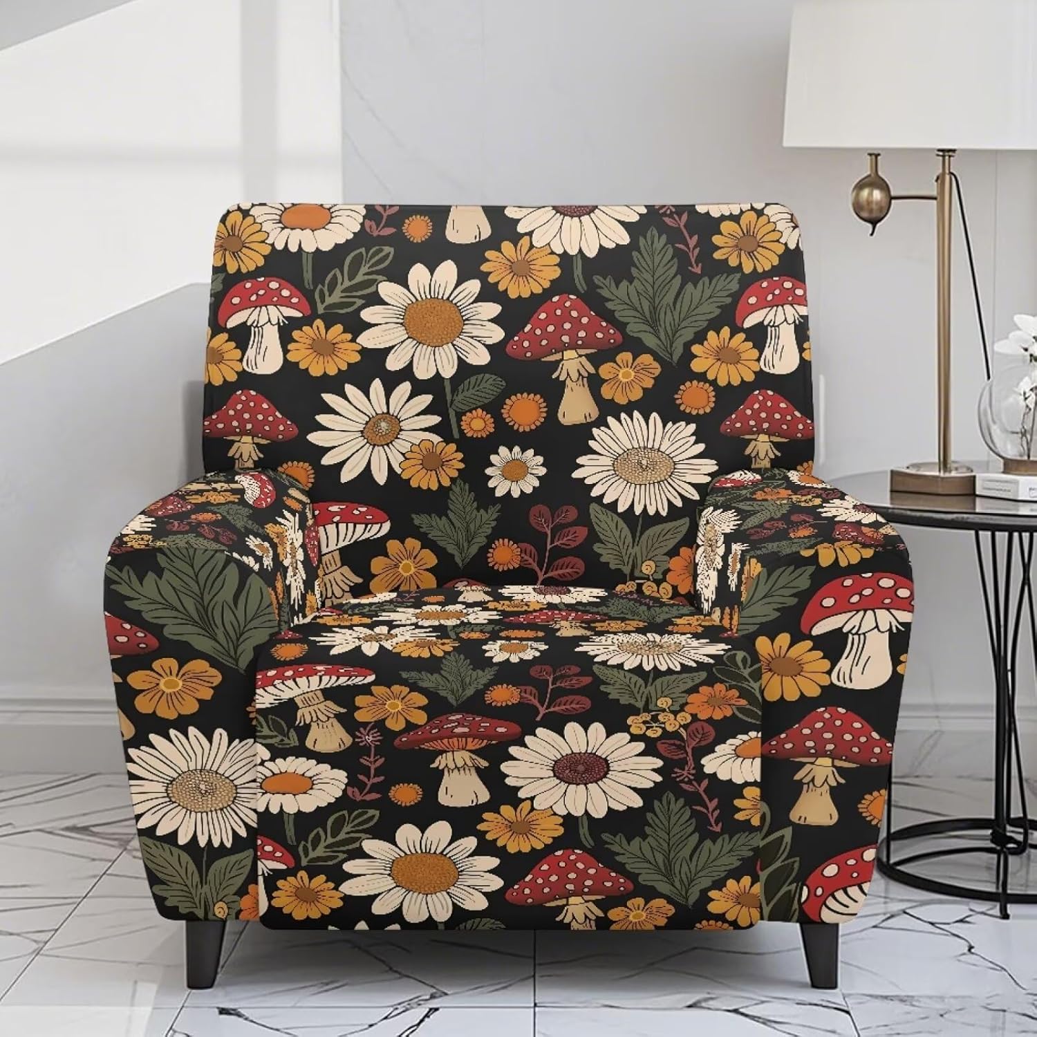 Daisy Floral Mushroom Print Reclining Chair Cover for Single Seat Recliner Chair Fitted Couch Covers for Lazyboy Lounge Chair 4 Pcs Armchair Protector Cover