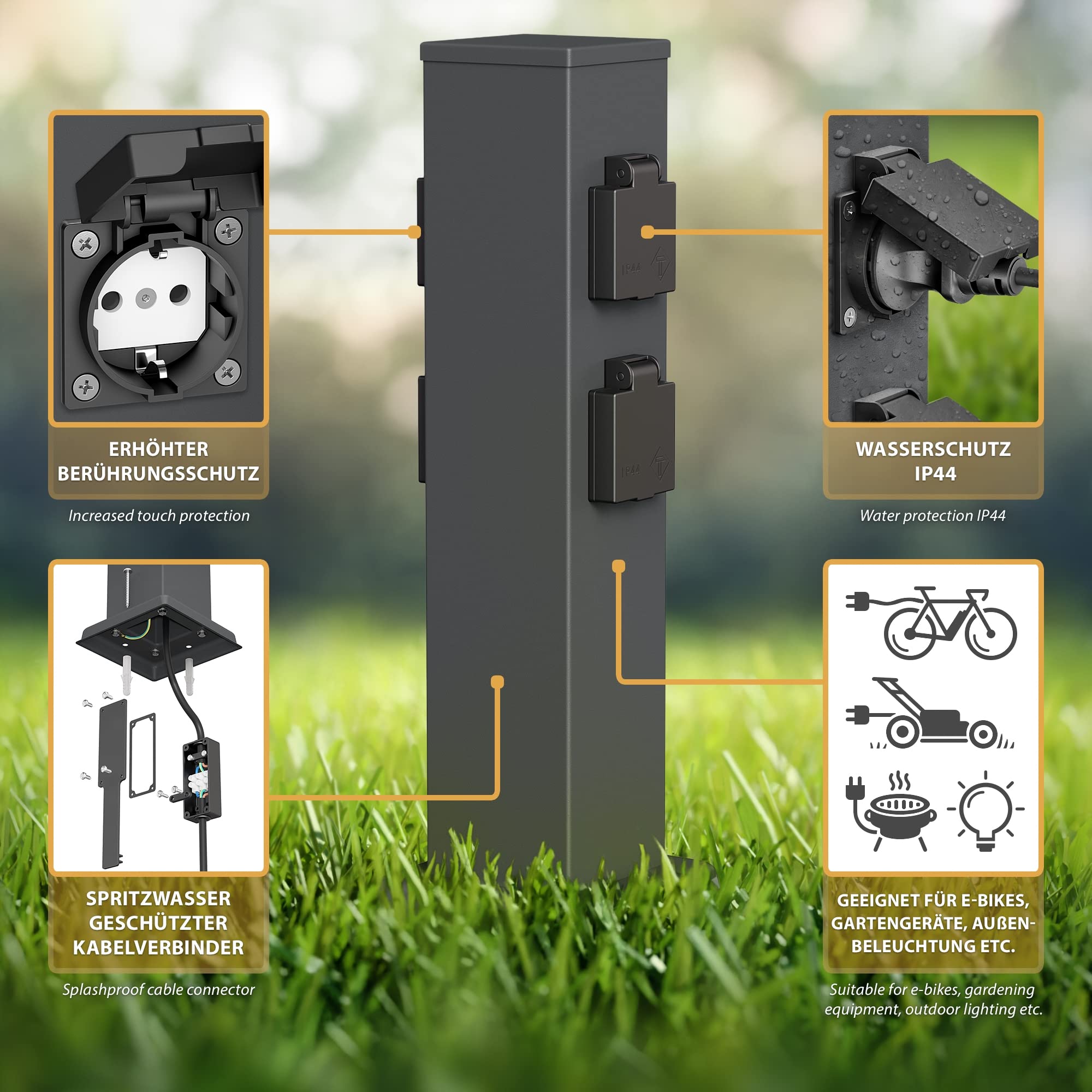 ledscom.de Colonne de Prises de Jardin Polly avec Piquet de Terre pour l'extérieur, IP44, 4-Fois, Acier Inoxydable, carré, Anthracite, 40cm