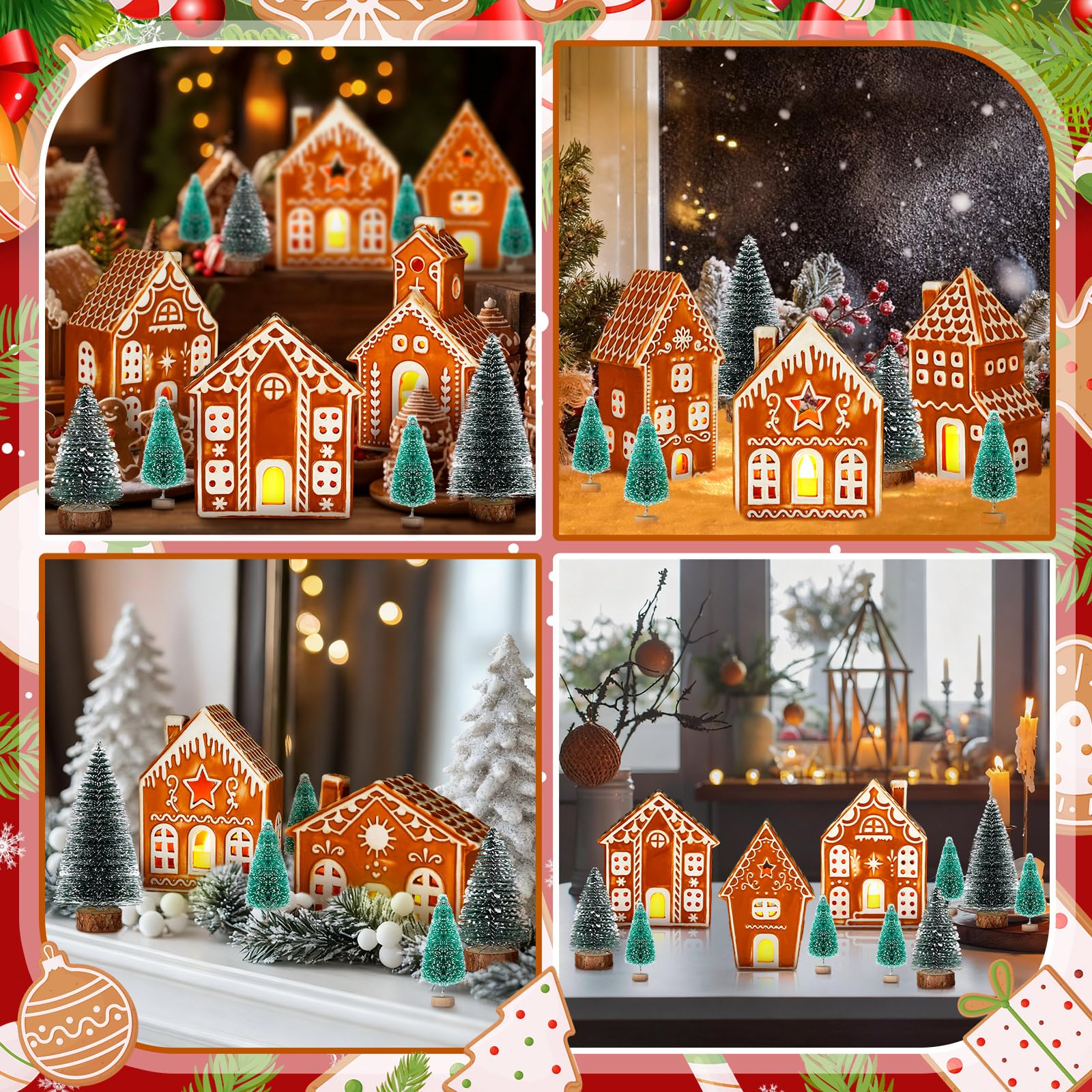 WILLBOND Lot de 29 pièces de Village de Noël en Pain d'épices glacé - 8 Maisons de Village en Pain d'épices Lumineuses en céramique avec télécommande et 13 Arbres - Figurines de Noël pour décoration
