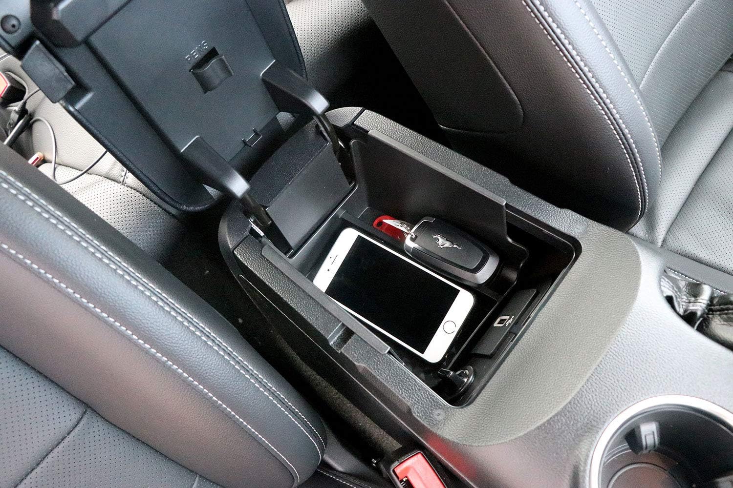 Interior Auto Vehicle Accessory, for Ford Mustang 2015-2018, Armrest Secondary Storage Box Glove Pallet Center Console Tray ABS plastic Black, 1 pcs/set