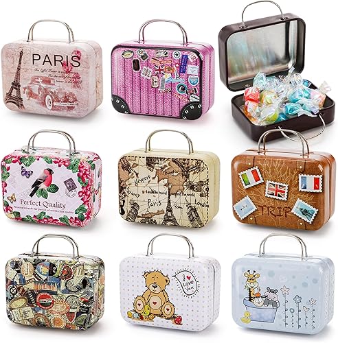 Suwimut 9 Pieces Mini Suitcase Party Favor Box, 3x2.2x1.4 Inches Little Luggage Candy Box Small Tin Plate Gift Boxes with Hinged Lids for Travel Themed Party, Bridal Shower, Wedding Decorations