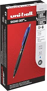 uni-ball 307 Retractable Gel Pens, Micro Point 0.5mm, Blue (12 count)