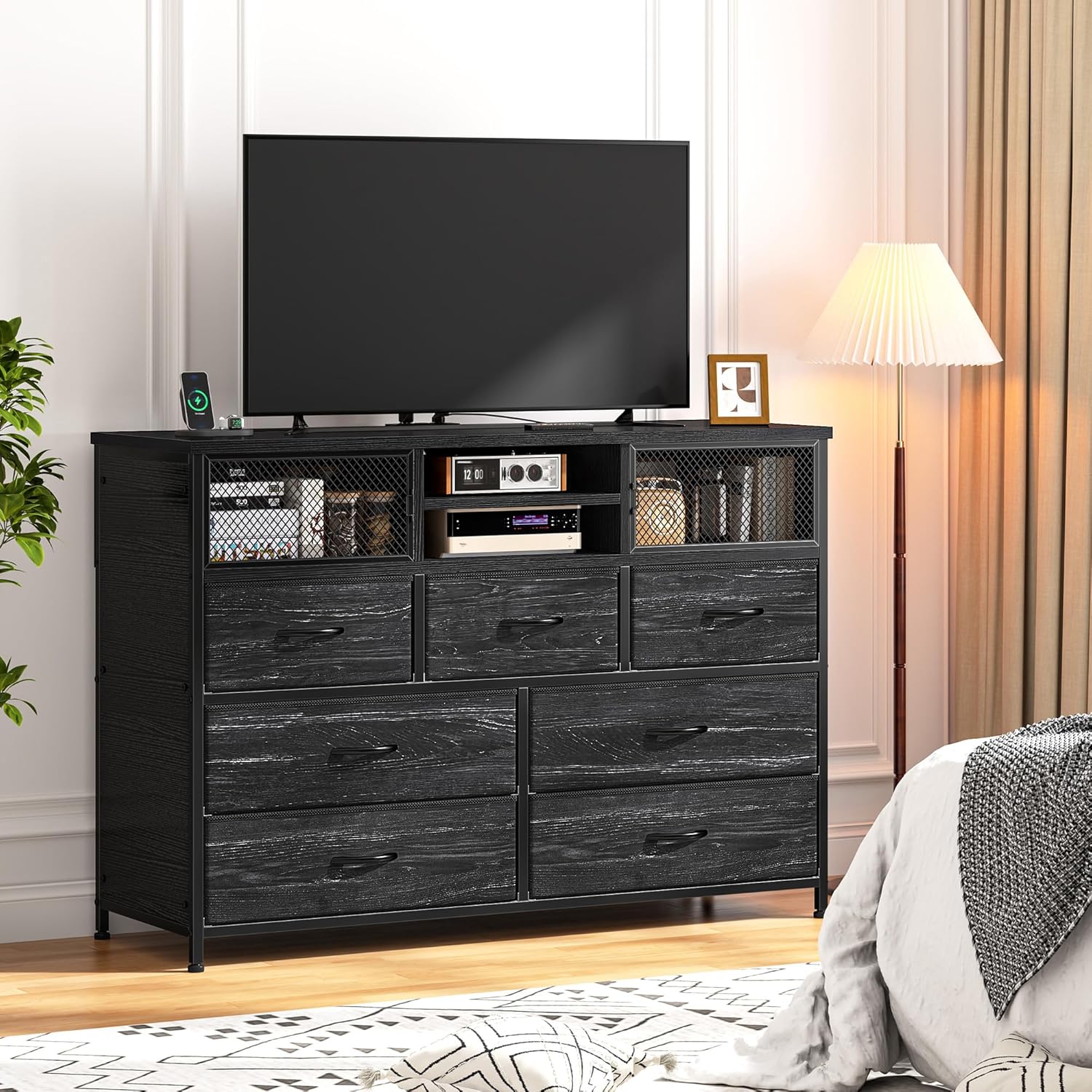 Black Dresser TV Stand for 50" TV with Charging Station, Sturdy Dresser for Bedroom with 7 Deep Fabric Drawers & Mesh Door, Chest of Drawers for Living Room, Entryway, Dorm, Wooden Top, Metal Frame