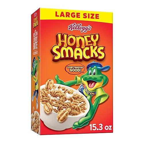 Kellogg's Honey Smacks - Cereal para desayuno, hecho con grano entero, aperitivos para niños, tamaño grande, original, caja de 15.3 onzas (1 caja)