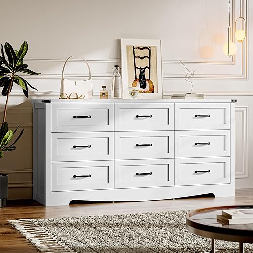 9-Drawer Dresser for Bedroom, Modern Wooden Chest of Drawers with Metal Handles, Anti-Tipping Design, Sturdy and Stable Storage Organizer for Living Room, Entryway, Home Office