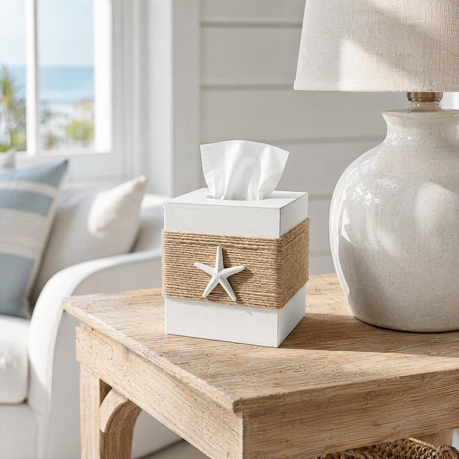 White Square Tissue Box Cover for Bathroom Home Use, Coastal Nautical Starfish Design Vintage Rustic Beach Decor, Slide-Out Bottom Tissue Holder for Beach Bathroom & Room Decoration