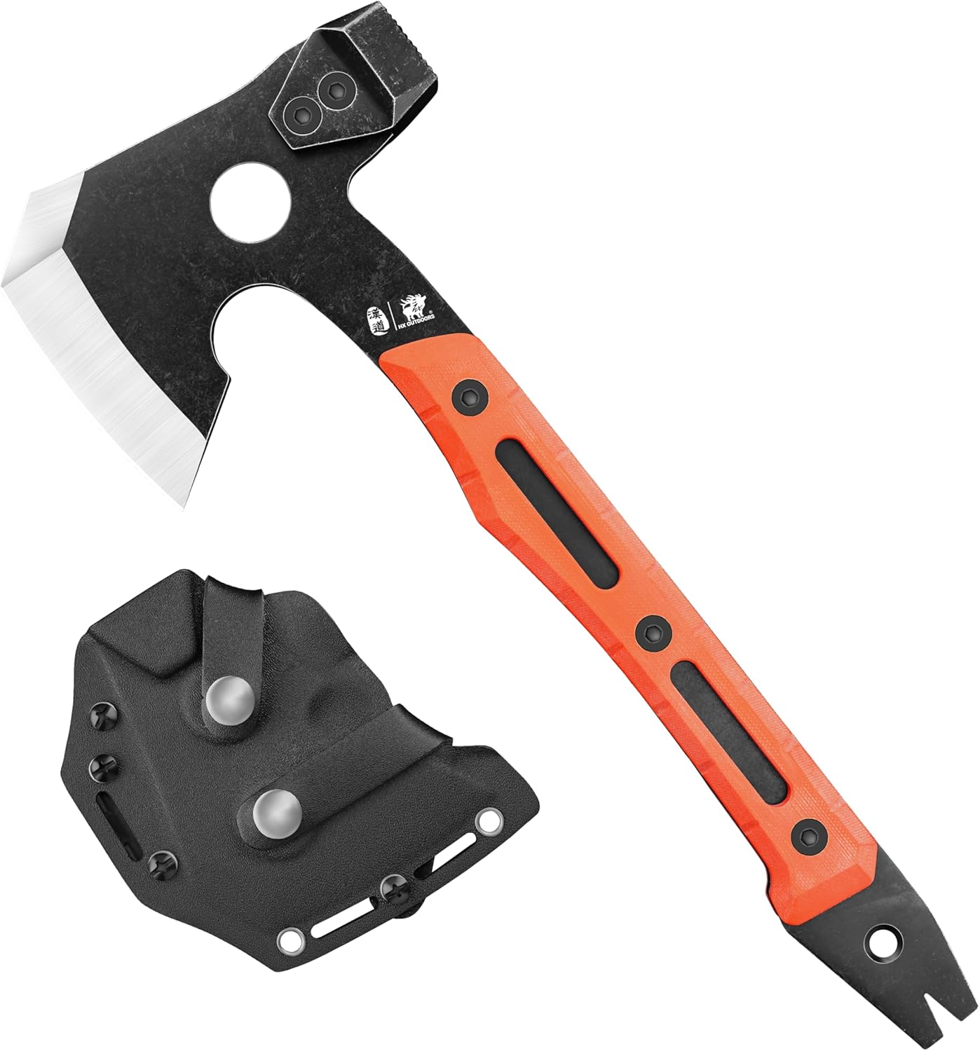HX OUTDOORS Multifunctional Splitting Axe, Full Tang Survival Camping Tactical Wood Hatchet，Camp Bushcraft Hand Axes with Hammer and Nail Puller (Orange)