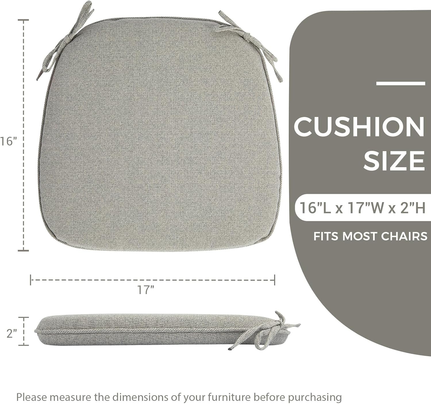 Indoor/Outdoor Chair Cushions 17"X16"X2" with Ties for Dining Chairs Set of 4, Waterproof U-Shaped Chair Pads, Foam Seat Cushions for Patio Kitchen Garden Office-Warm Grey