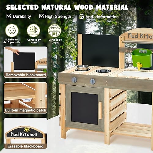 Miniatura 4 de Cocina de barro para niños, cocina de simulación al aire libre con grifo, estufas de pizarra extraíbles, accesorios de cocina de madera para niños,