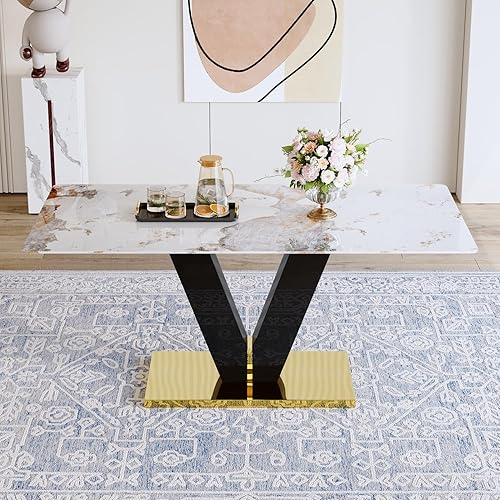 Miniatura 15 de Juego de mesa de comedor de 71 pulgadas para 6, moderno juego de mesa de comedor para 6, mesa de comedor de mármol con 6 sillas de comedor de piel