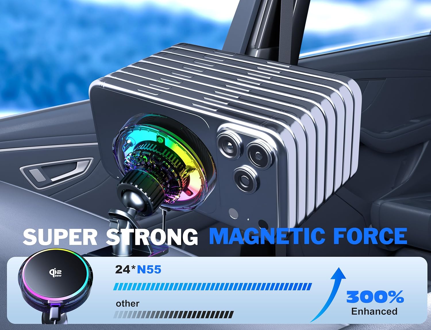 25W MagSafe Compatible Car Mount Charger with Air-Cooled, 3500gf Magnetic Phone Holder for iPhone and Android, Dash Air Vent with Rainbow Ambient Light Valentines Day Gifts