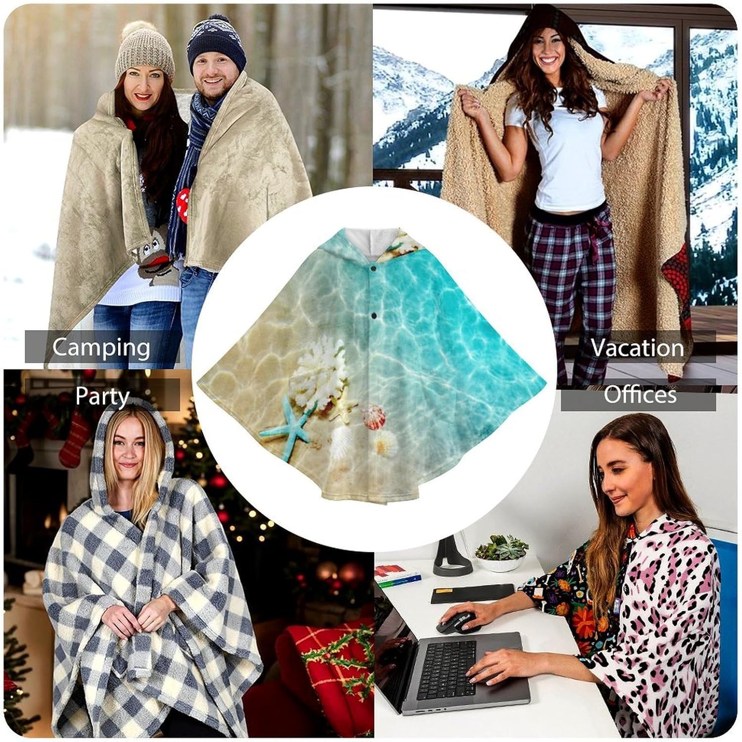 Starfish Coral And Seashell on Beach Wearable Blanket with Hooded Flannel Blankets Cape with Pocket