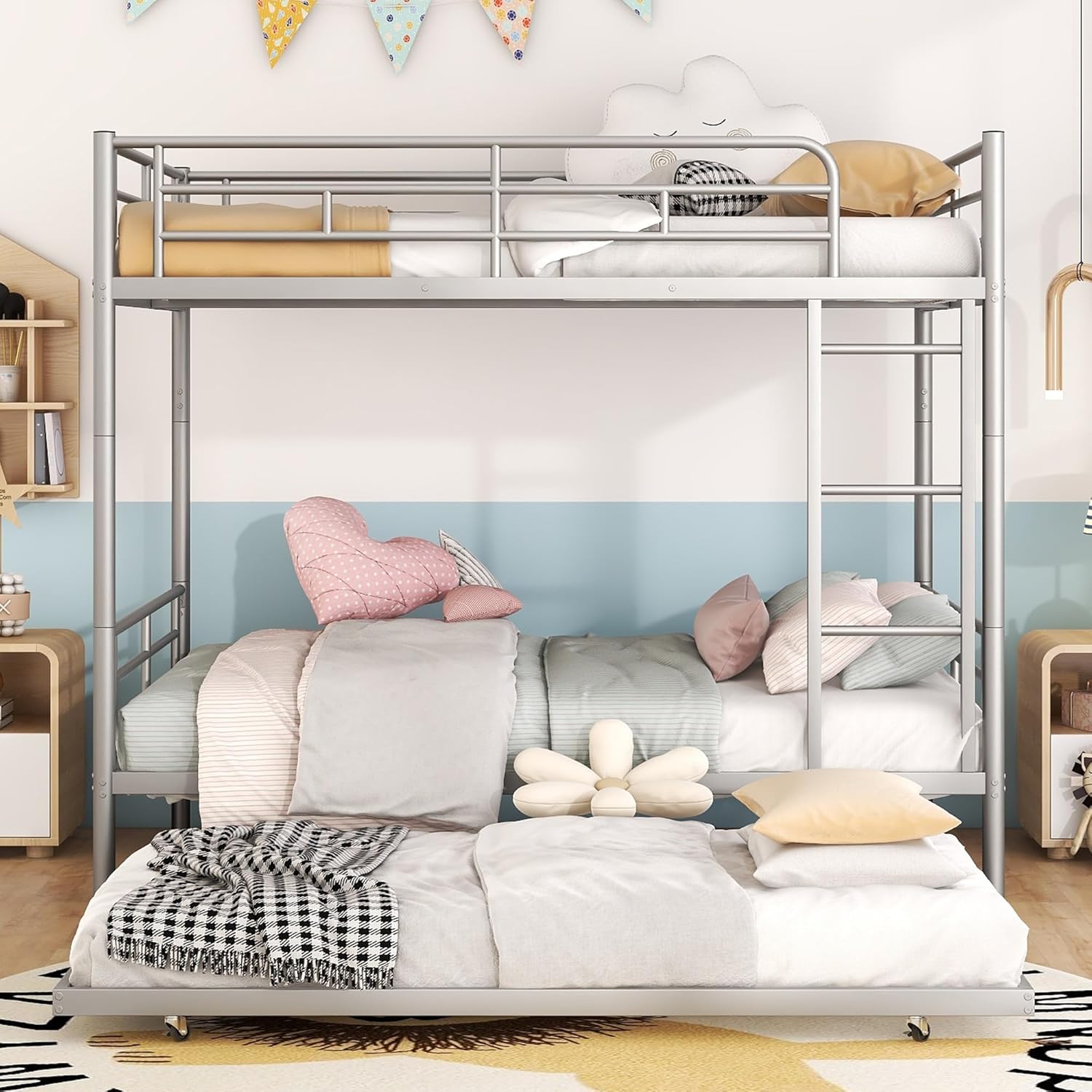 Harper & Bright Designs Full Over Full Metal Bunk Bed with Trundle, Ladder & High Guardrail, Able to Split, Noise Free, Heavy-Duty Steel Loft Bed Frame with Safety Rail for Bedroom, Dorm (Silver)