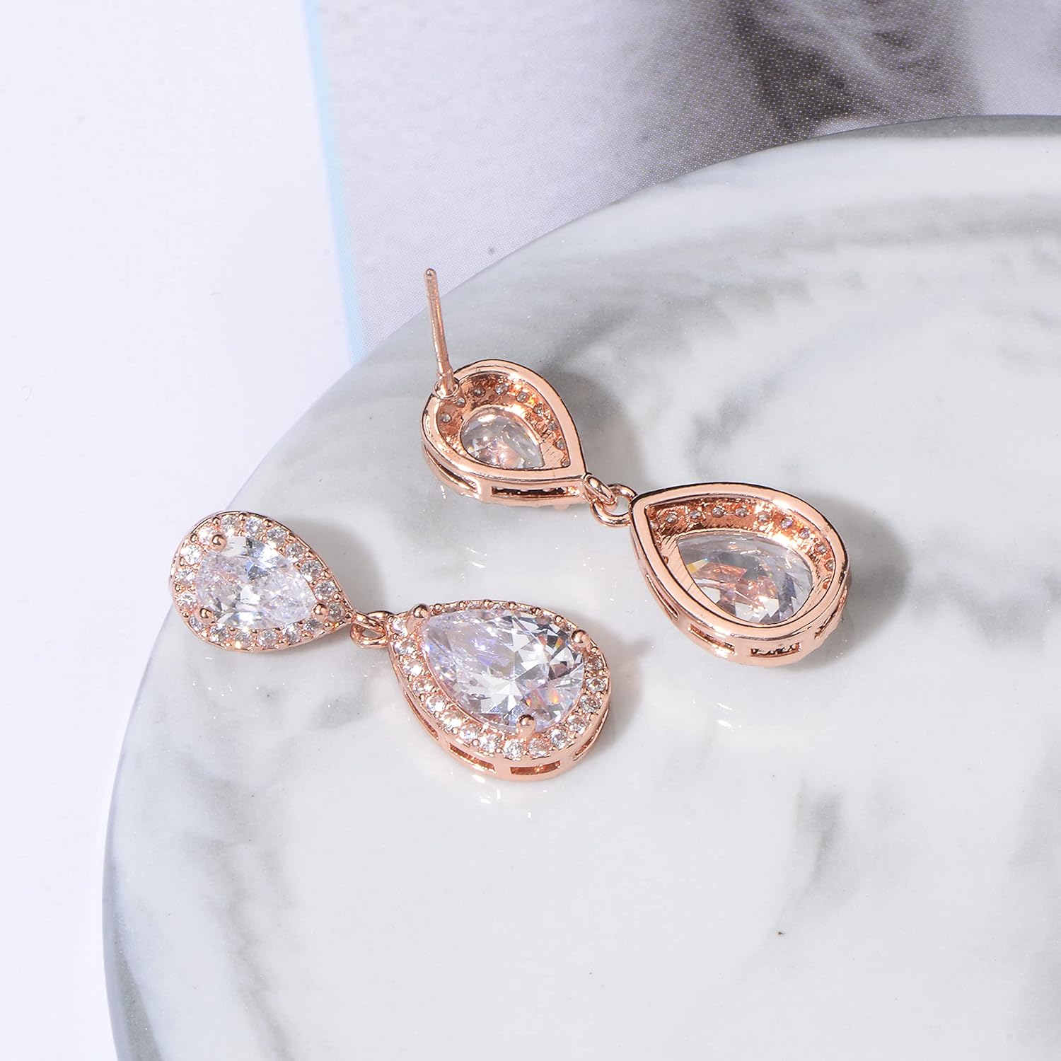 Pave Teardrop Earrings for Wedding Sterling Silver Double Pear Shaped CZ Cubic Zirconia Crystal Rhinestone Birthstone Dangle Earrings Bridal Jewelry for Bride Bridesmaids - Image 3