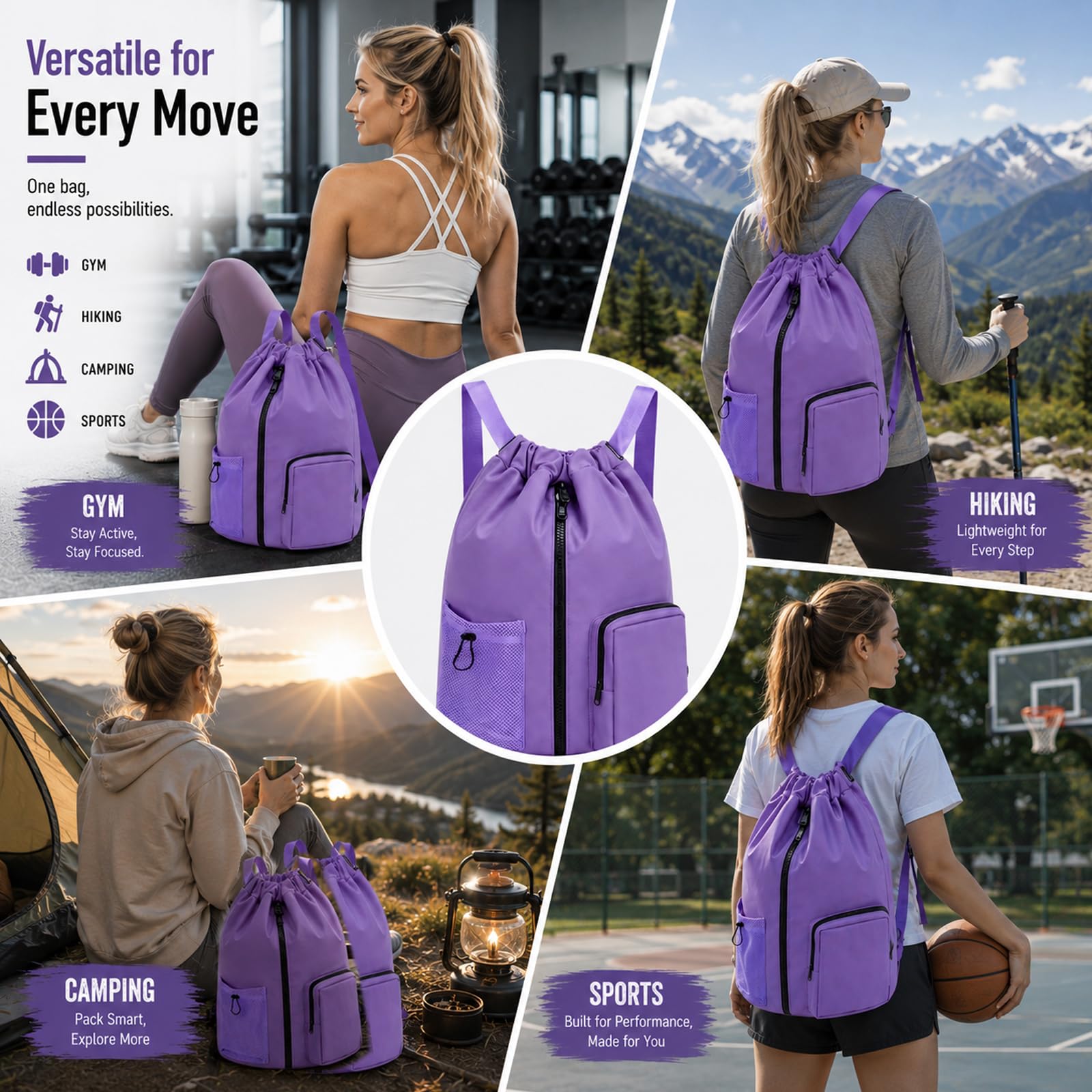 Borsa Sportiva da Donna, 20L Zaino Da Nuoto, Borsa da Palestra, Zaino Sportivo da Uomo, per Fitness, Yoga, Tennis, Escursionismo (Violet, Medio)