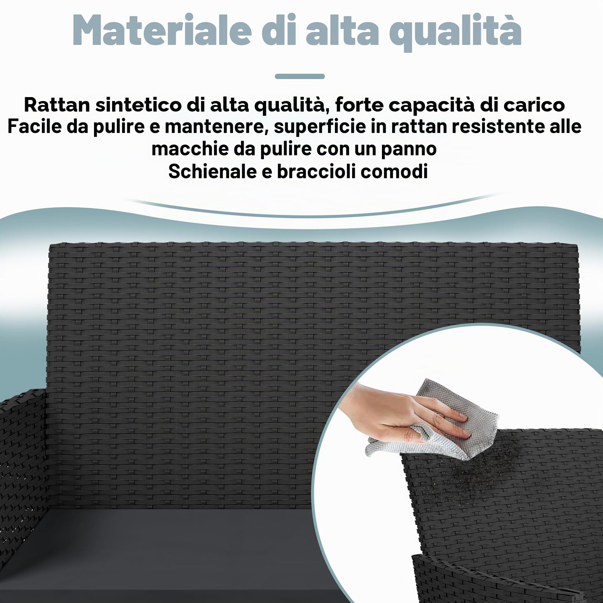 UISEBRT Mobili da giardino in polyrattan per 4 persone, con 1 divano doppio, 2 divani singoli, 1 tavolo con piano in vetro e cuscino, per esterni, resistenti alle intemperie, per terrazza, giardino