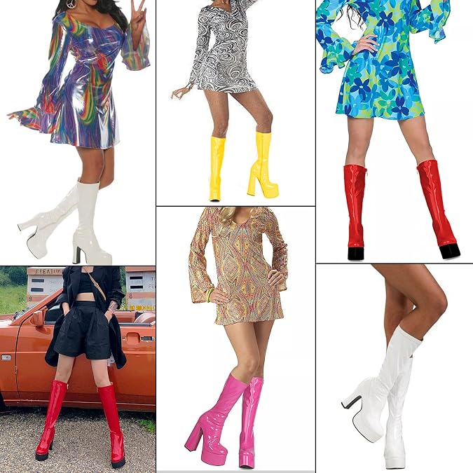 Erocalli Chunky High Heel Platform GoGo Boots for Women Disco Costumes Dress Shoes Pull on Mid Calf Boots