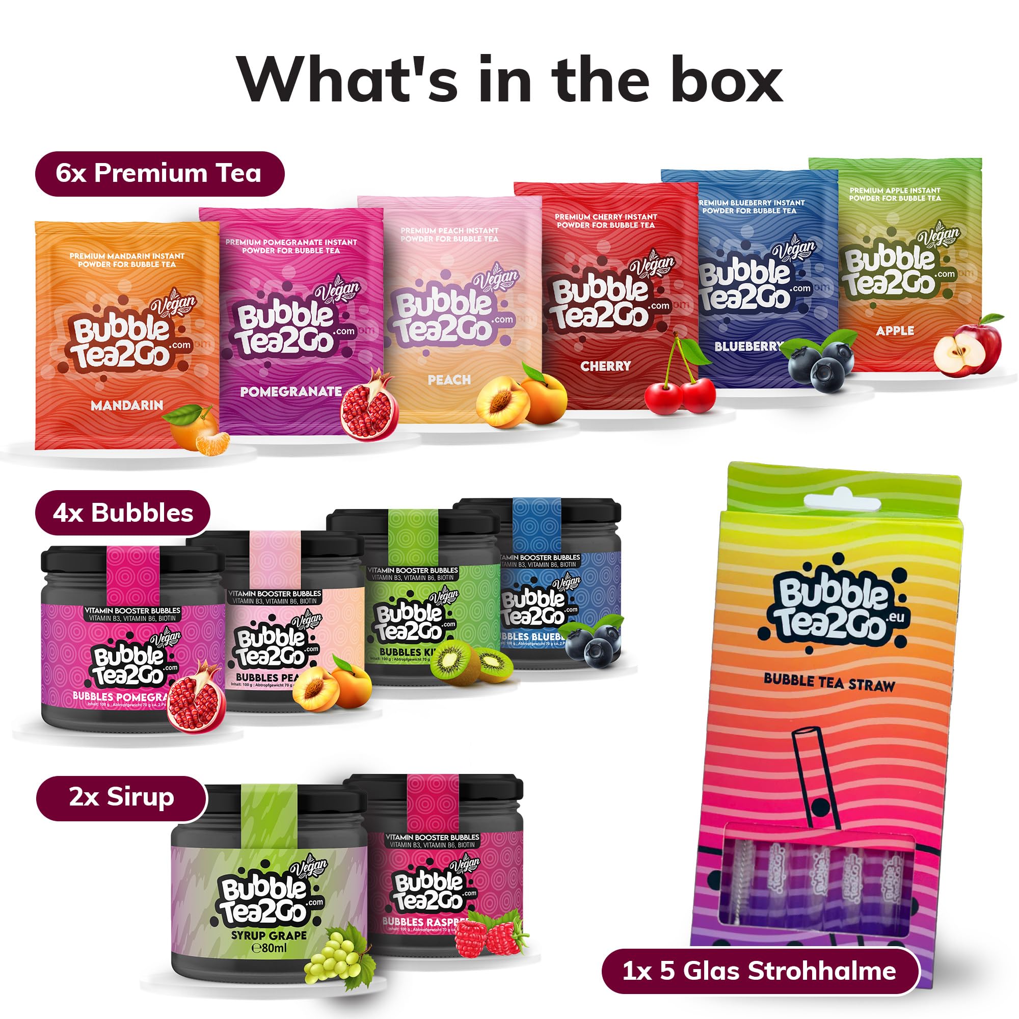 BubbleTea2Go - Großes Früchtemix Starterpaket - DIY Bubble Tea Set, 6x Premium Bubble Teas, mit 4x Bubble Perlens, 2x Bubble Tea Sirup und Zubehör - Boba Tea Kit für Parties