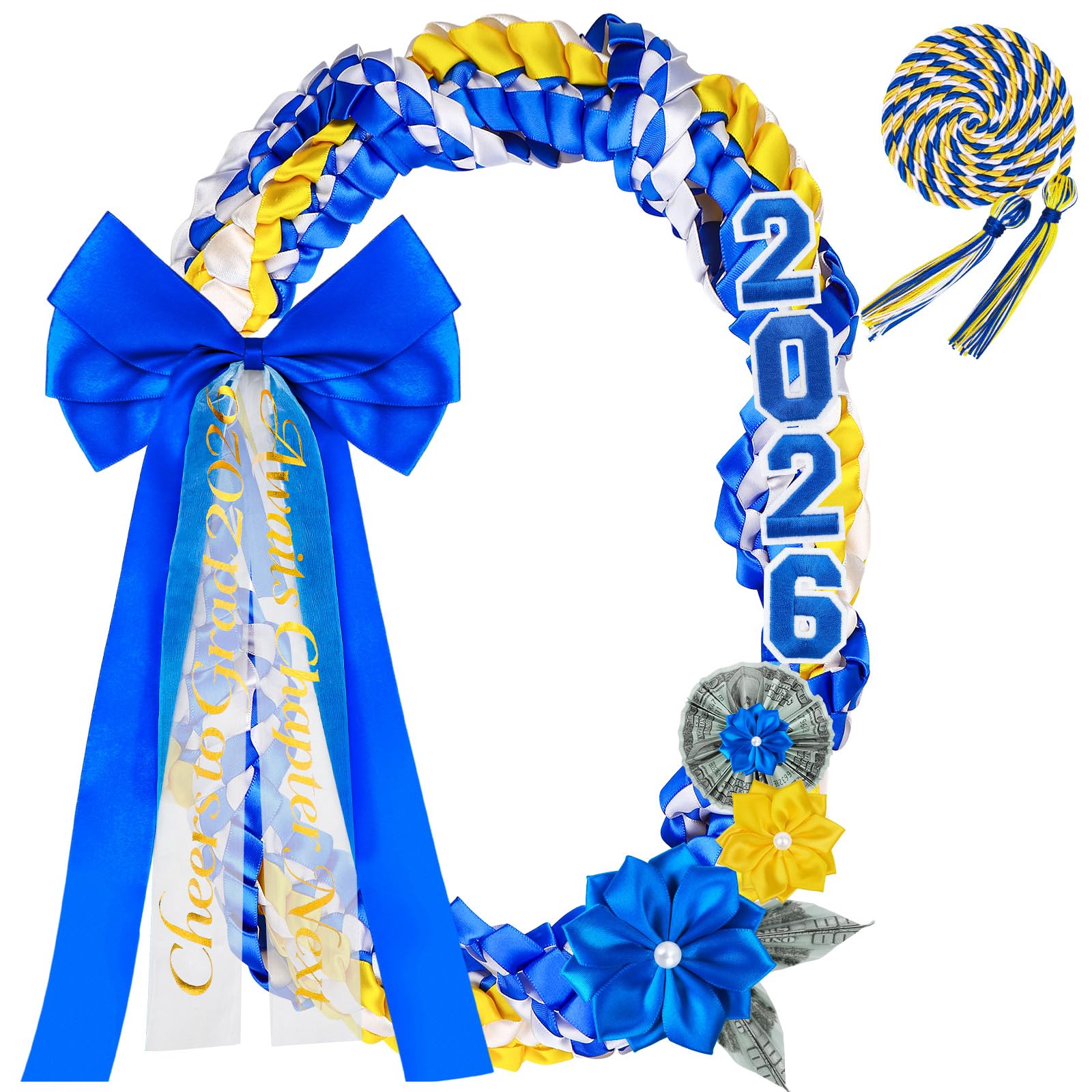 Photo 1 of Natonhi 50 Inch Blue Graduation Leis Class of 2026 11Pcs Graduation Lei 2026 Double Braided Money Lei with Ribbon Bows Satin Ribbon Flowers Party Gifts for Women Men?Blue & Yellow & White?